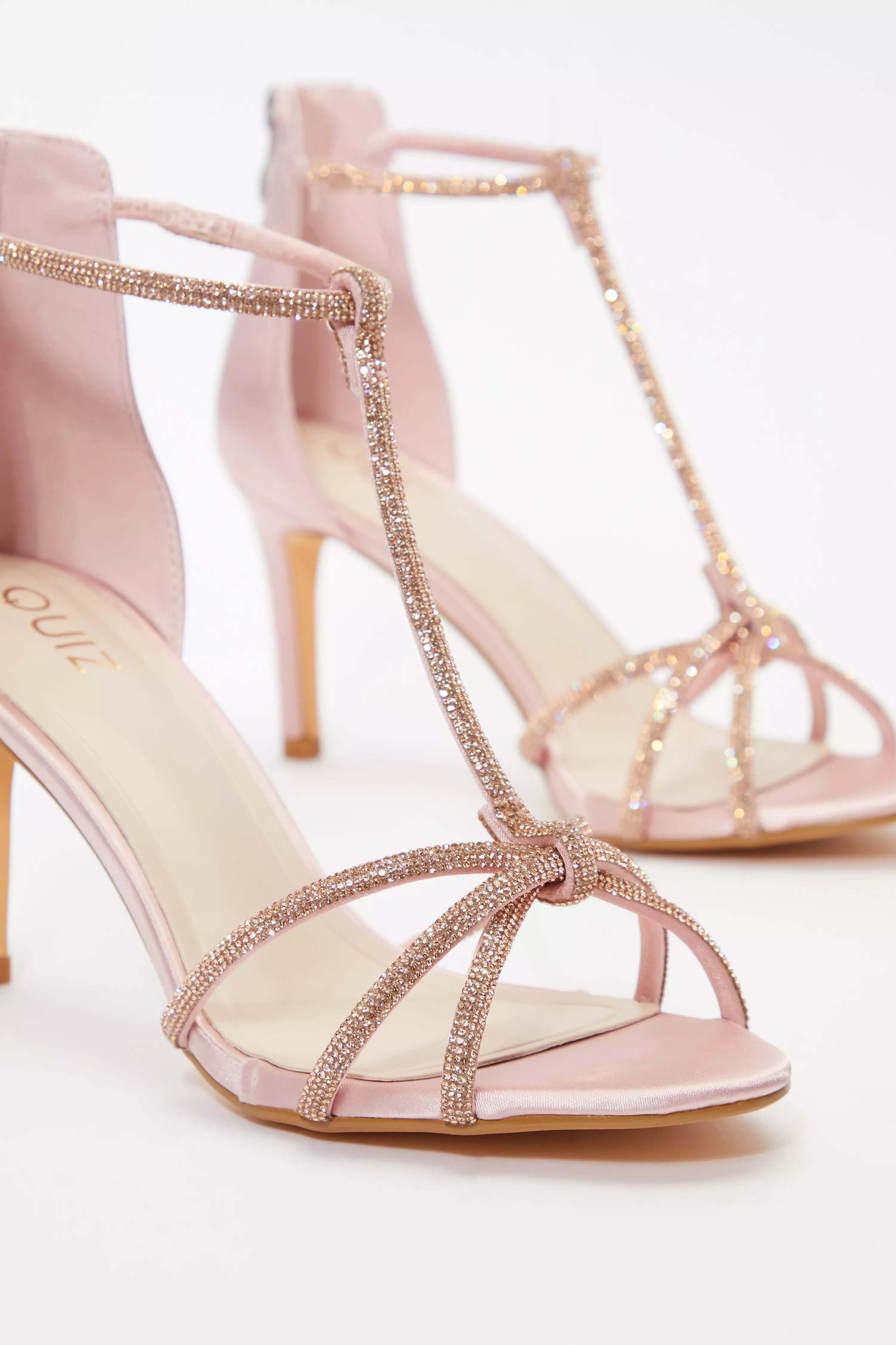 Pink Satin Diamante Cross Strap Heeled Sandals