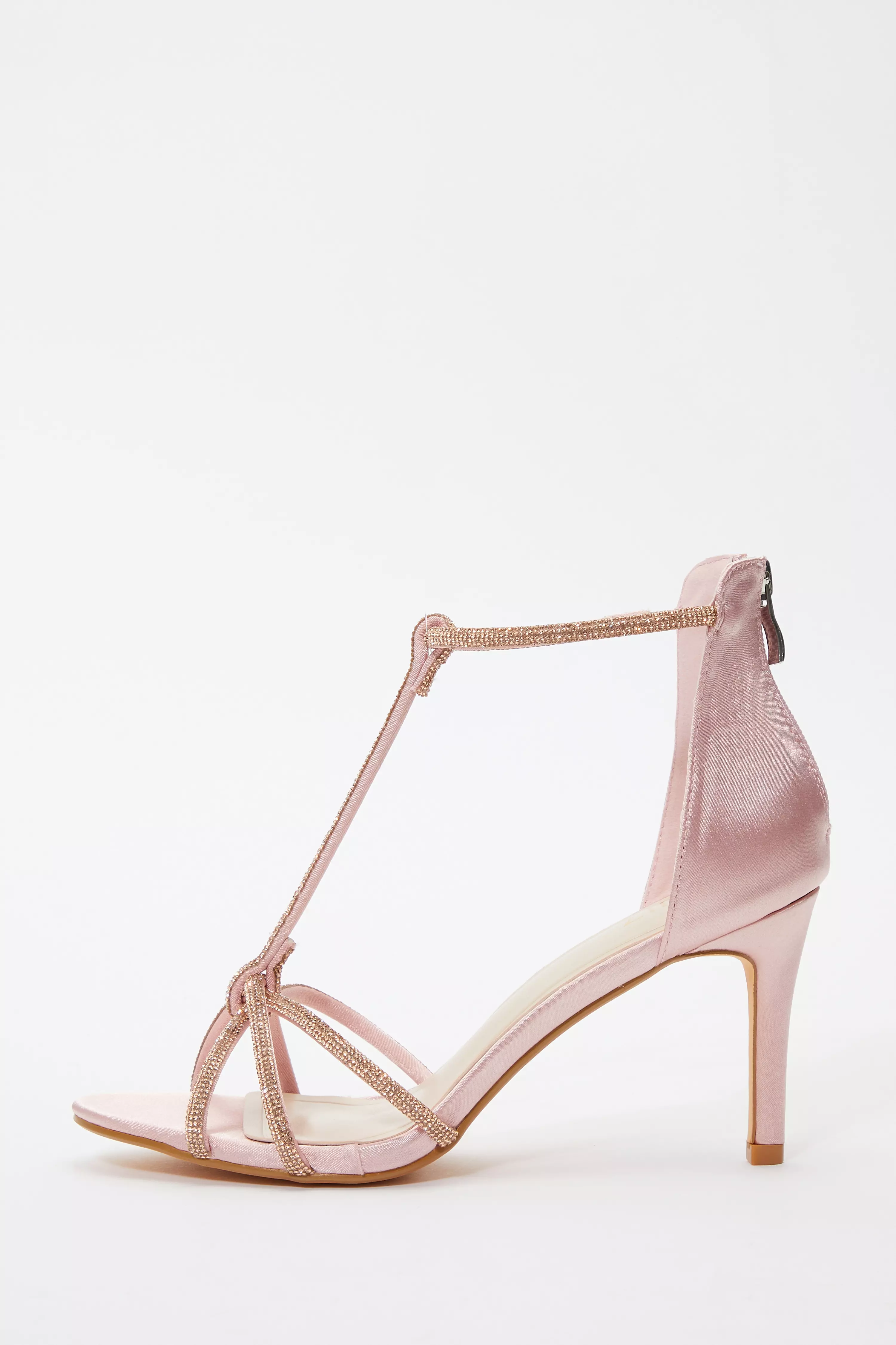 Pink Satin Diamante Cross Strap Heeled Sandals