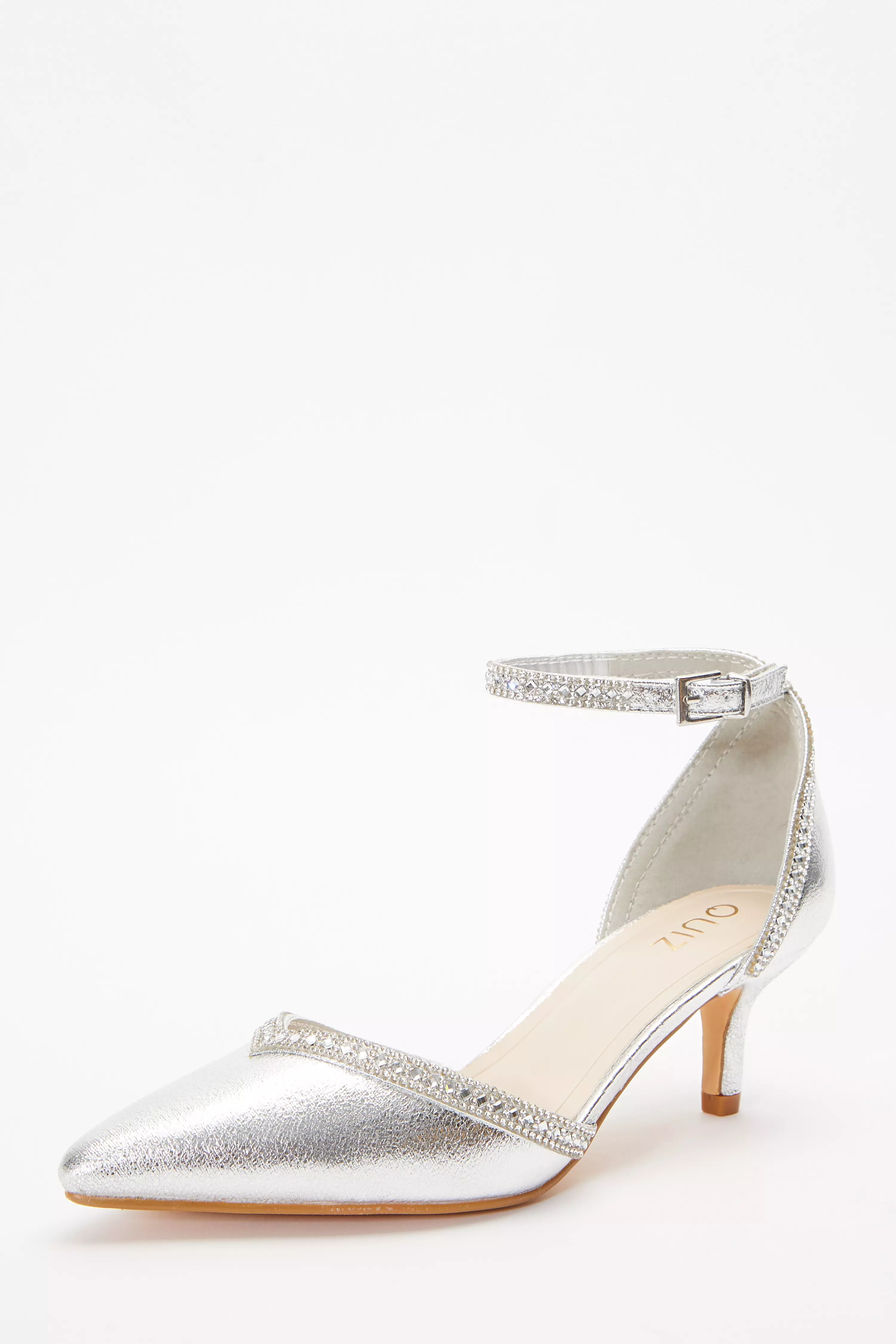 Silver Foil Diamante Low Court Heels