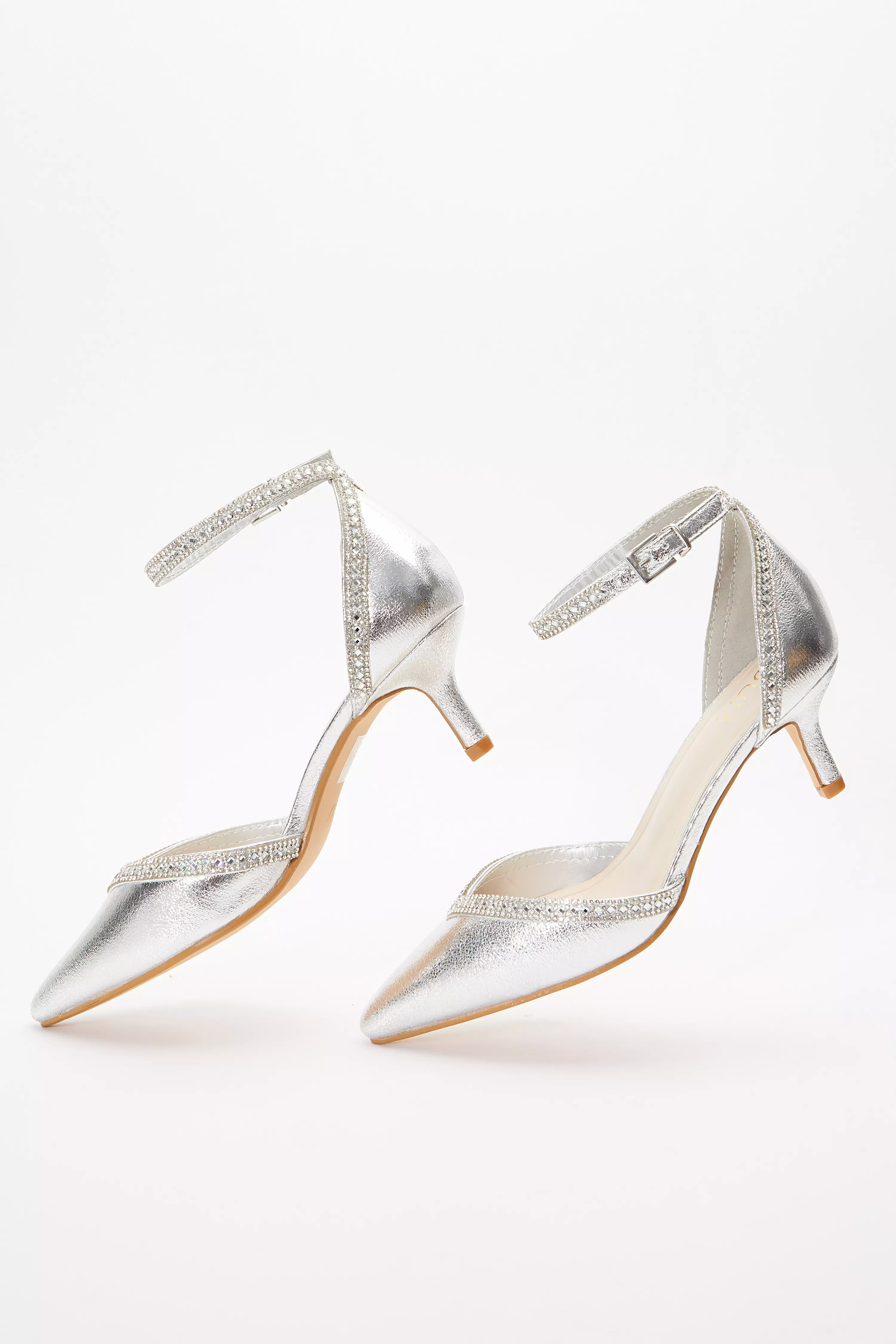 Silver Foil Diamante Low Court Heels