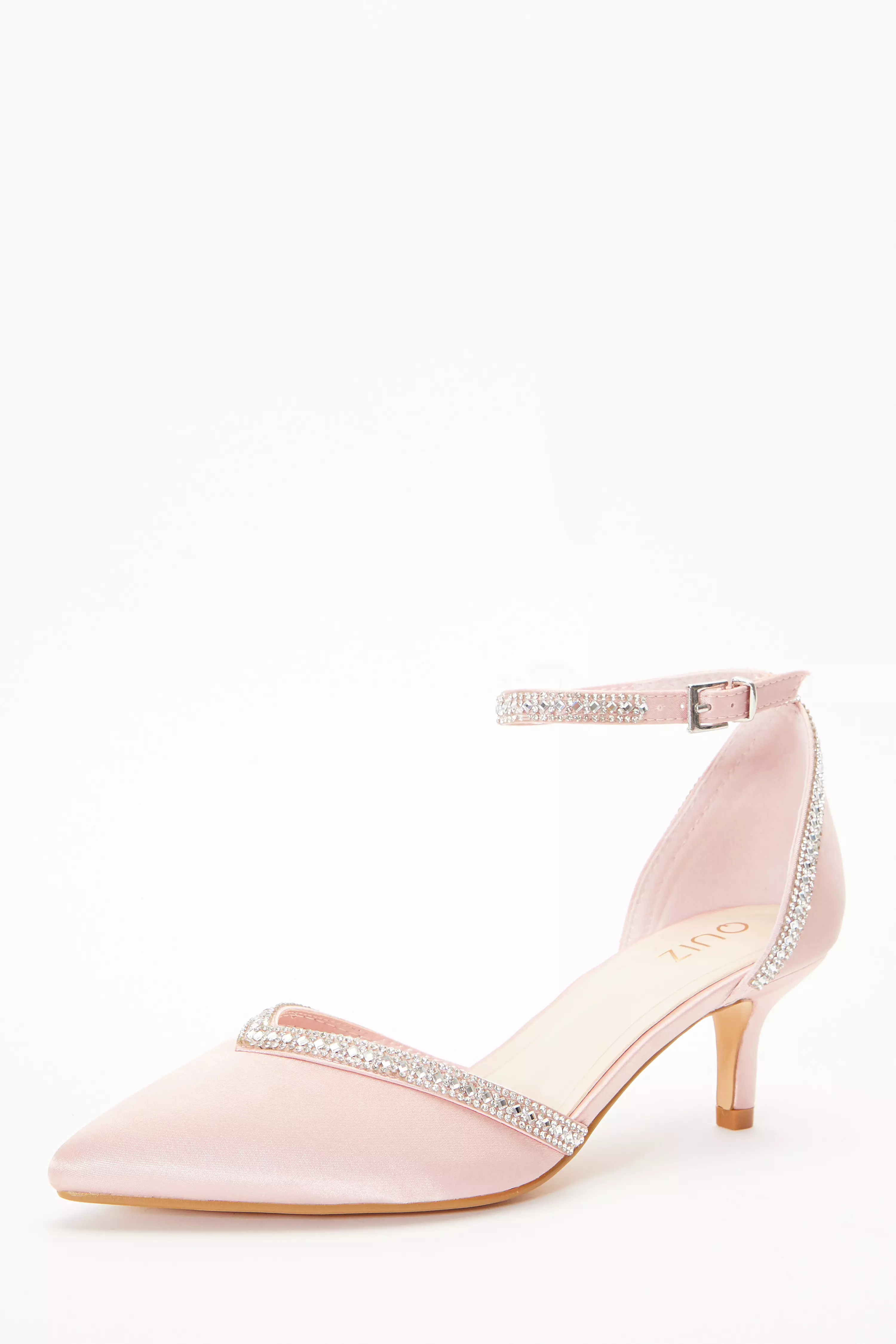 Pink Satin Diamante Low Court Heels