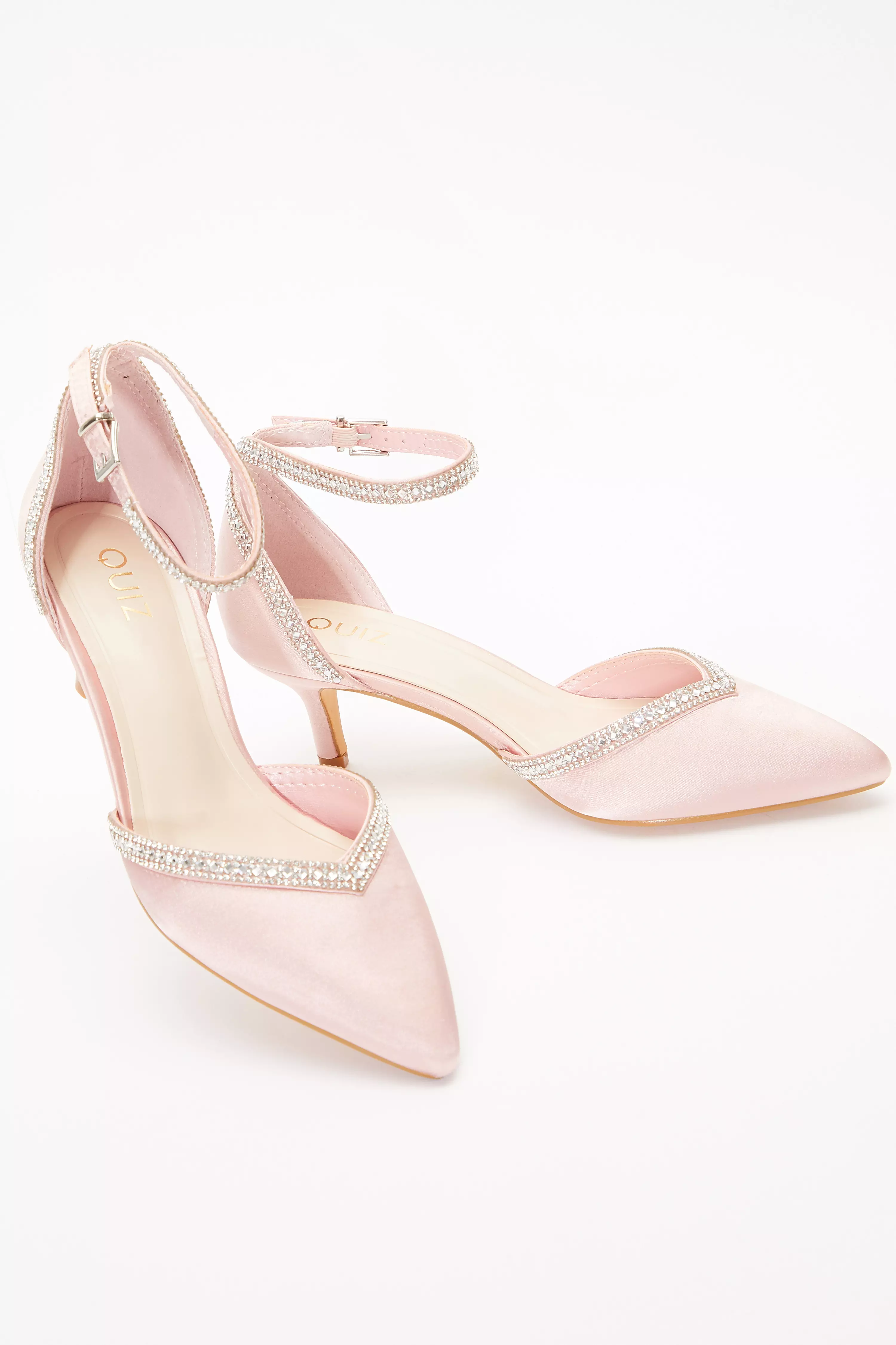 Pink Satin Diamante Low Court Heels