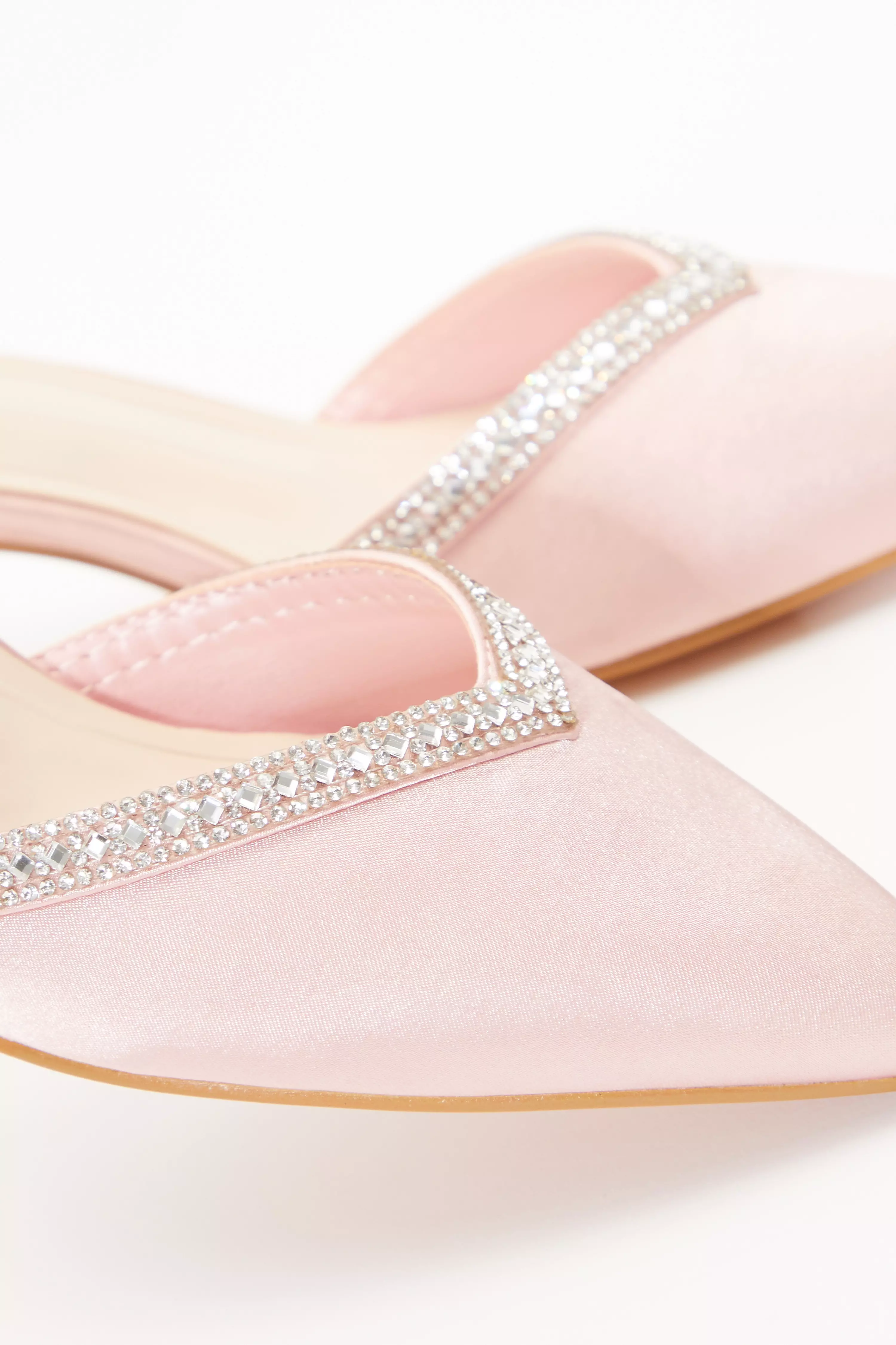 Pink Satin Diamante Low Court Heels