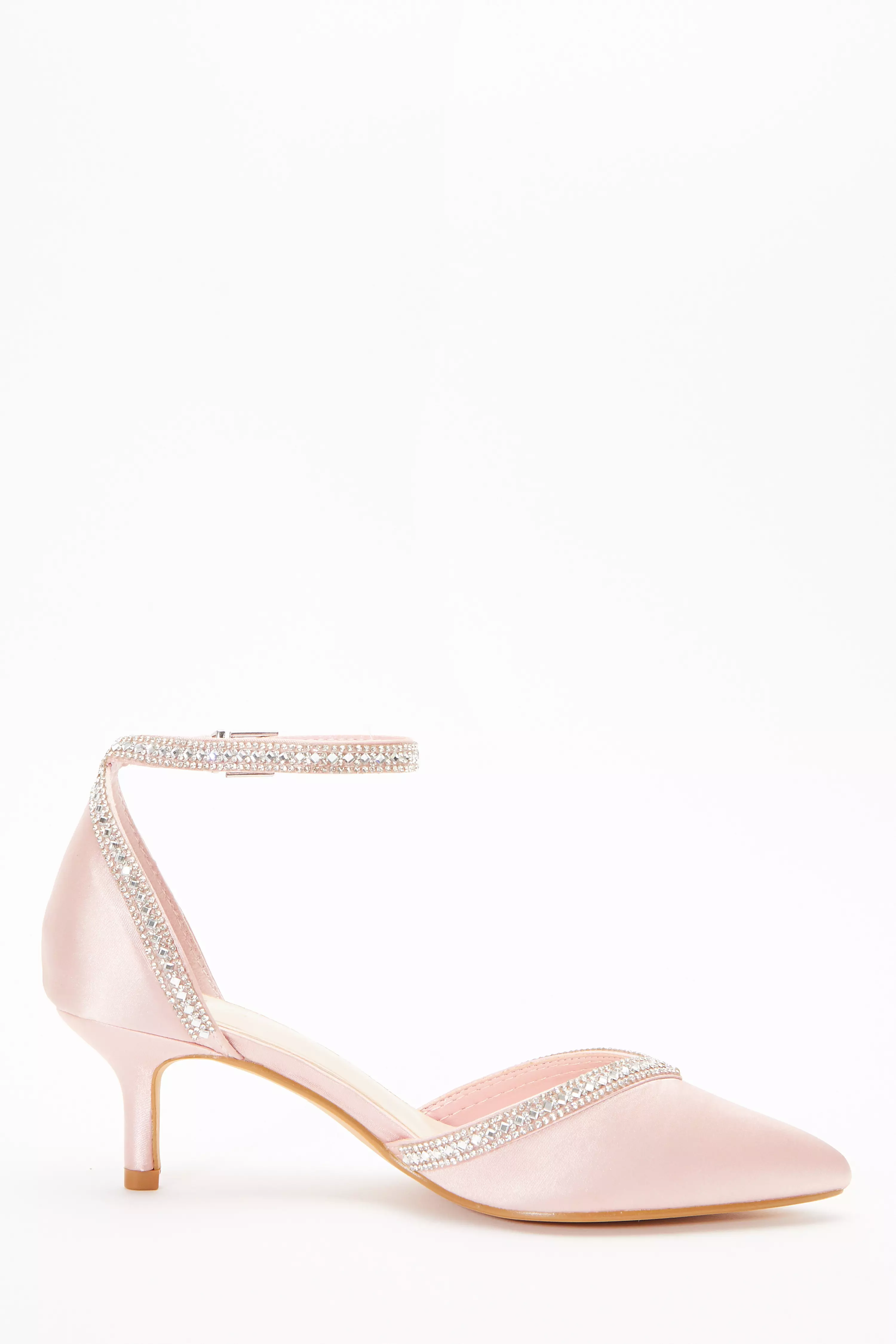 Pink Satin Diamante Low Court Heels