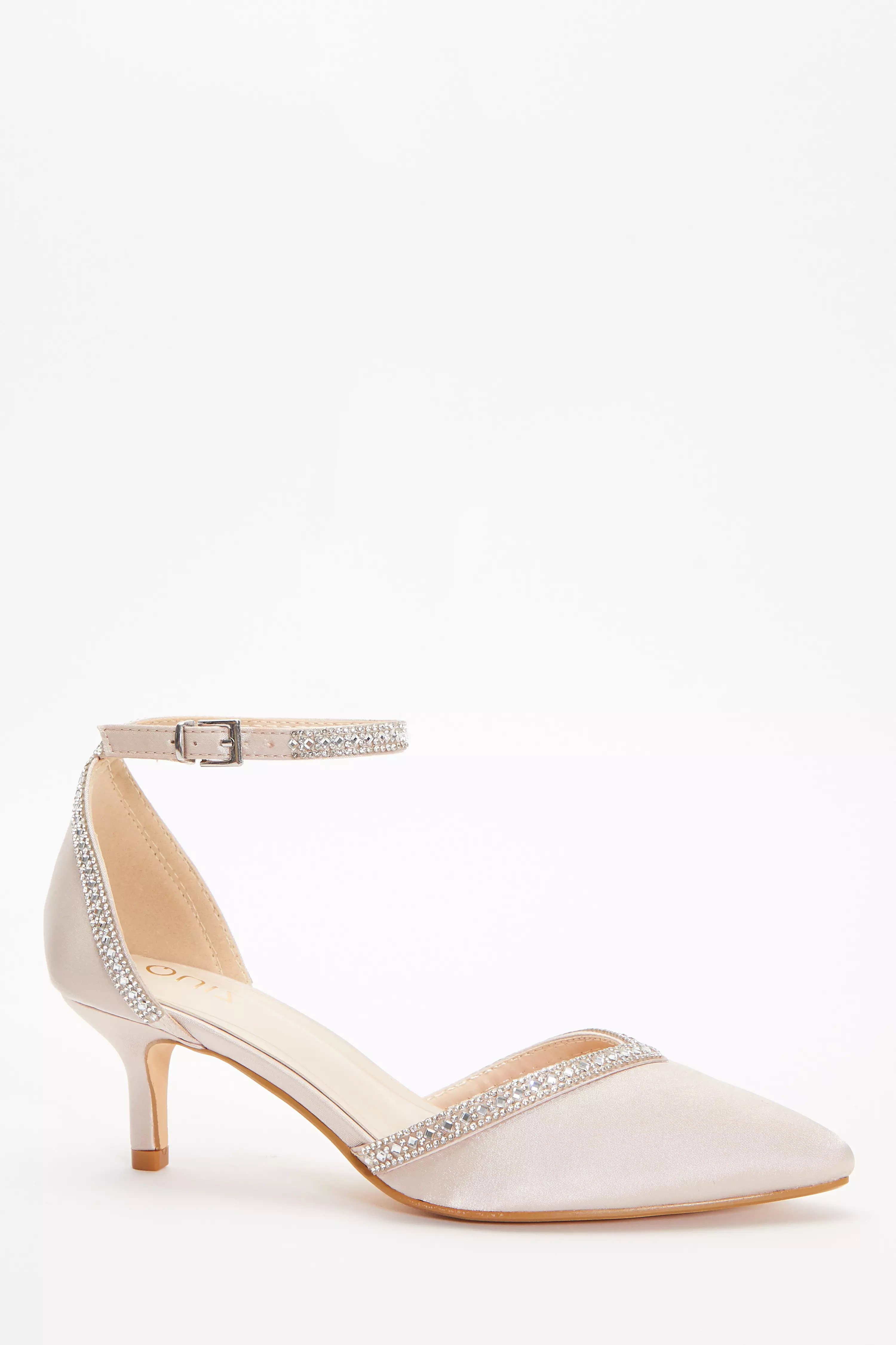 Champagne Satin Diamante Low Court Heels