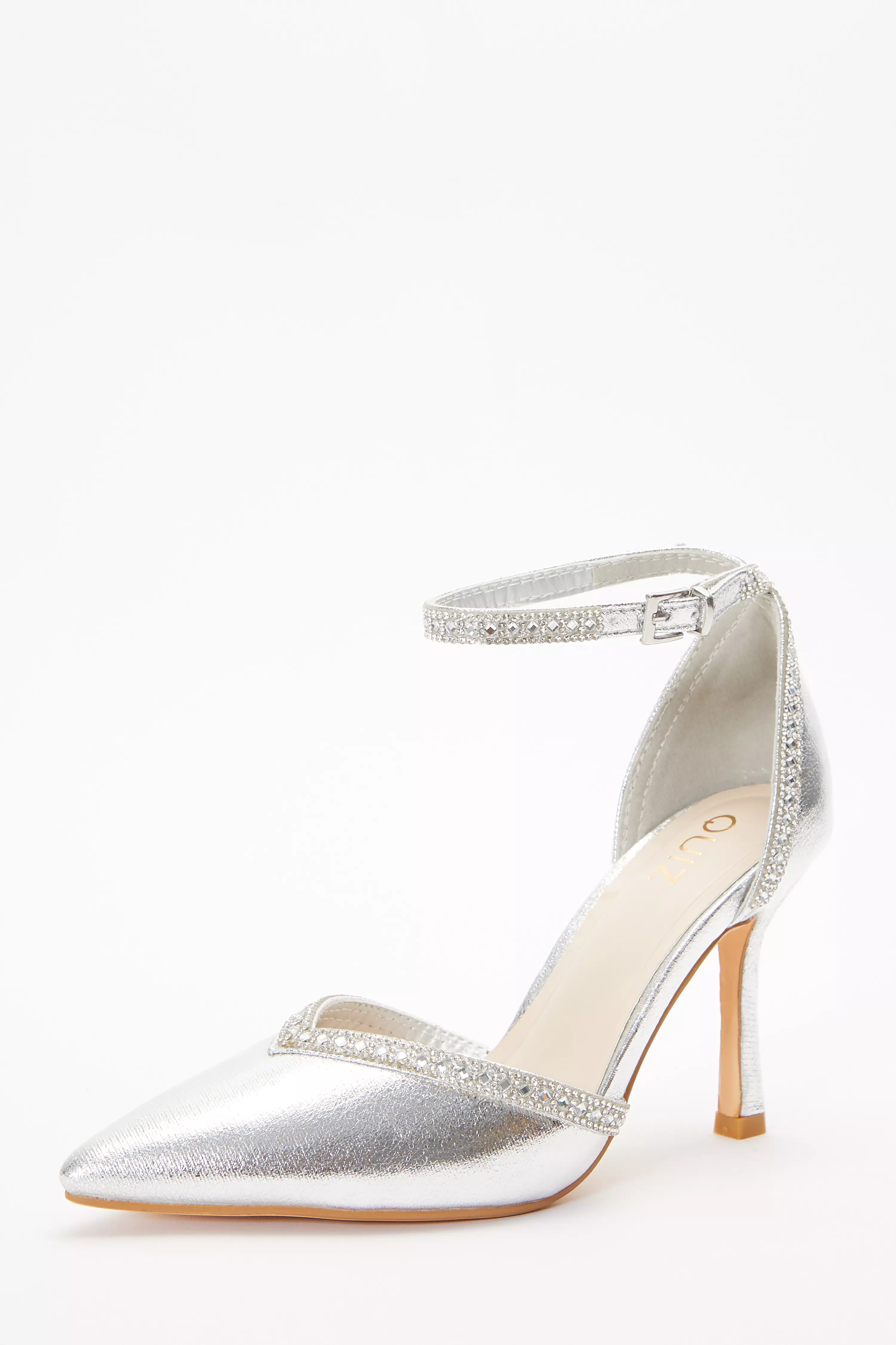 Silver Foil Diamante Trim Court Heels