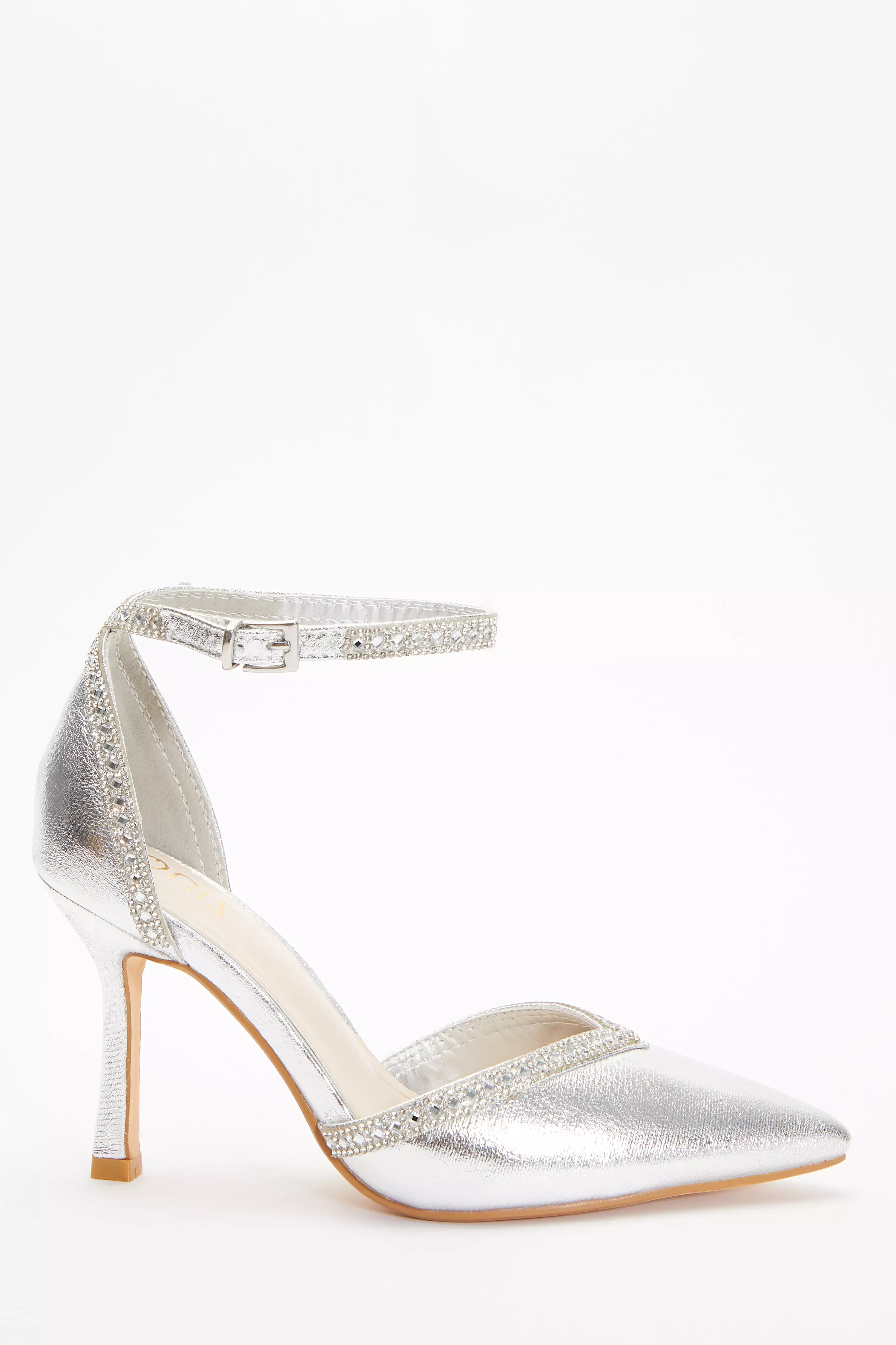 Silver Foil Diamante Trim Court Heels