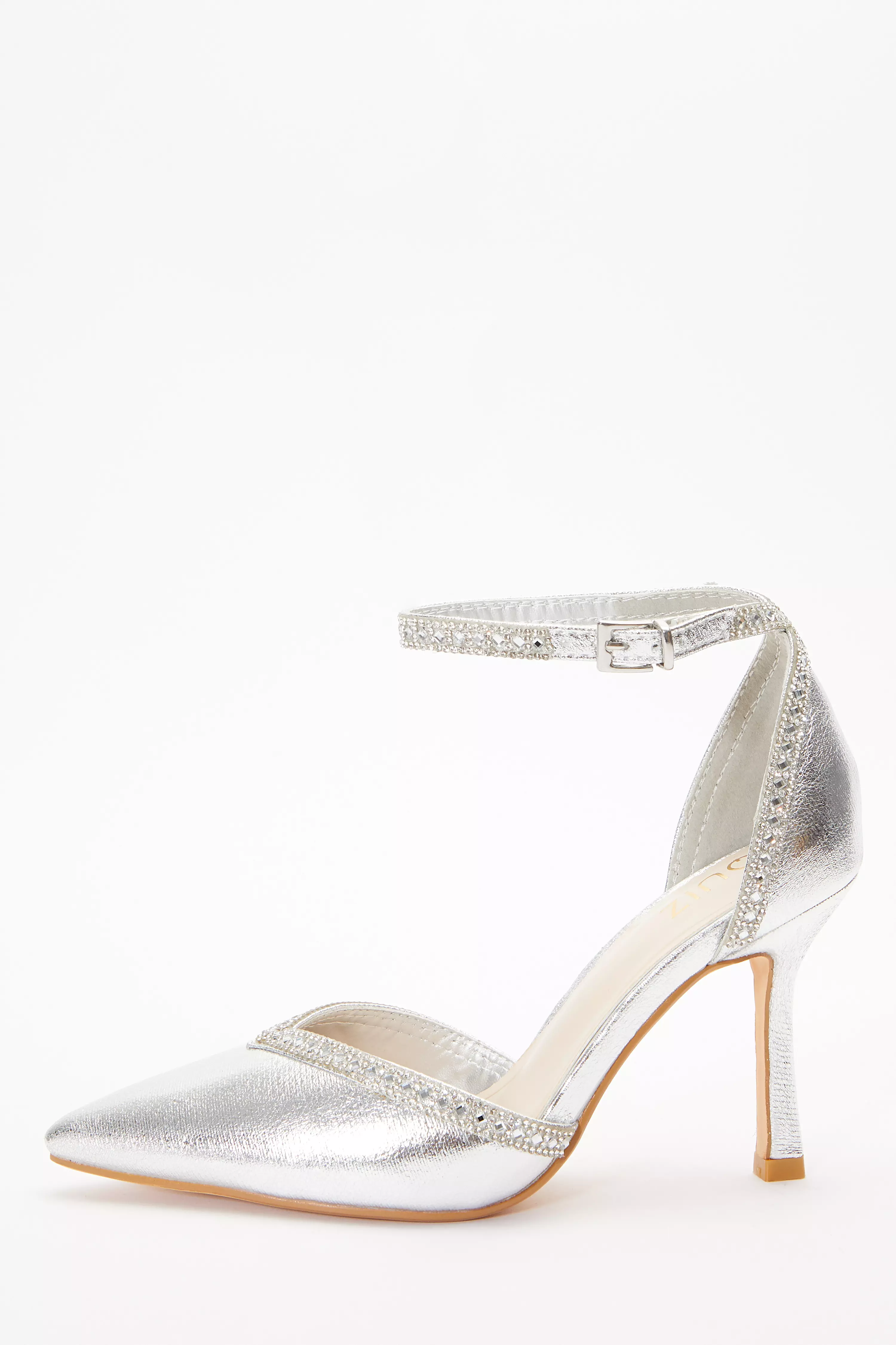 Silver Foil Diamante Trim Court Heels