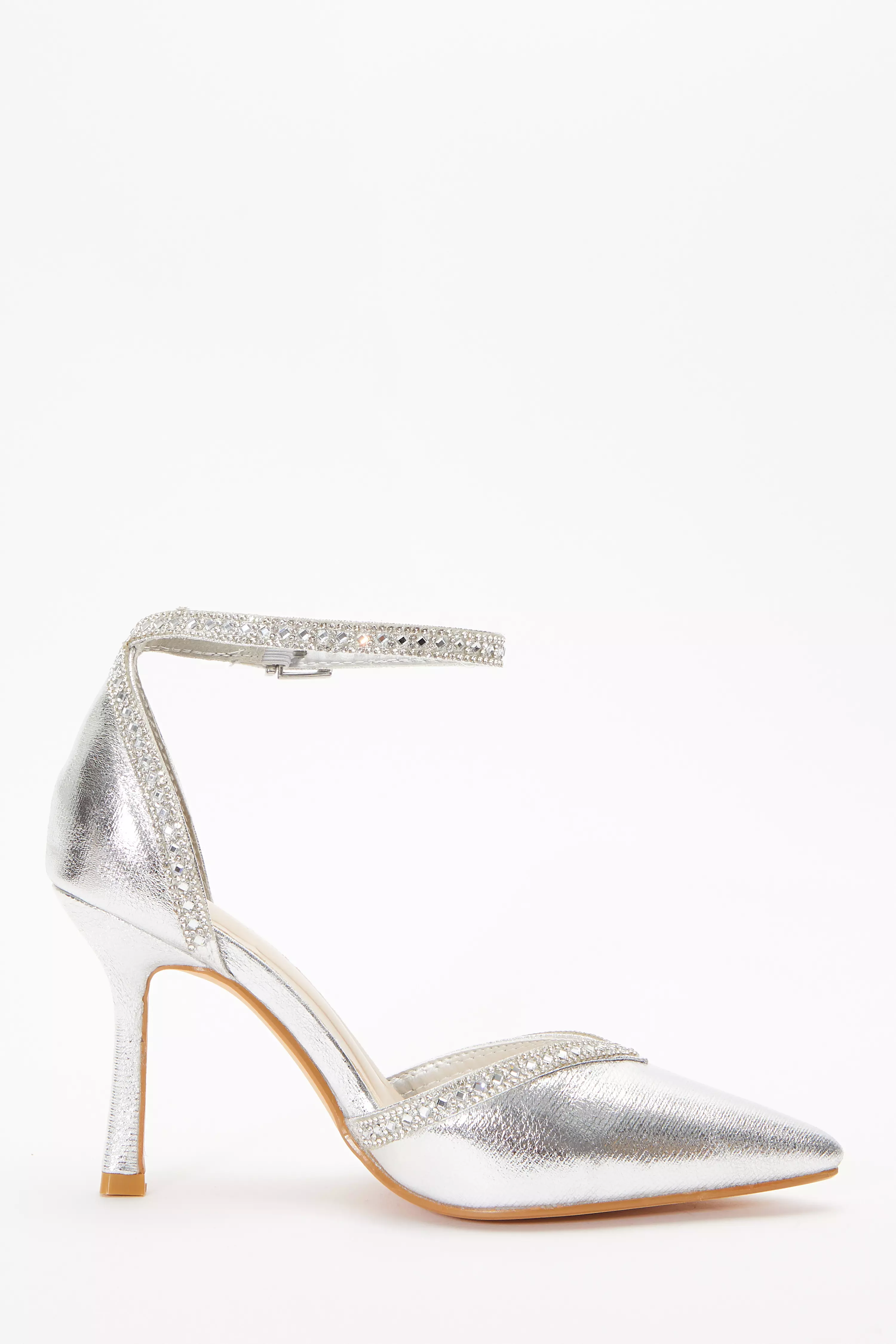 Silver Foil Diamante Trim Court Heels