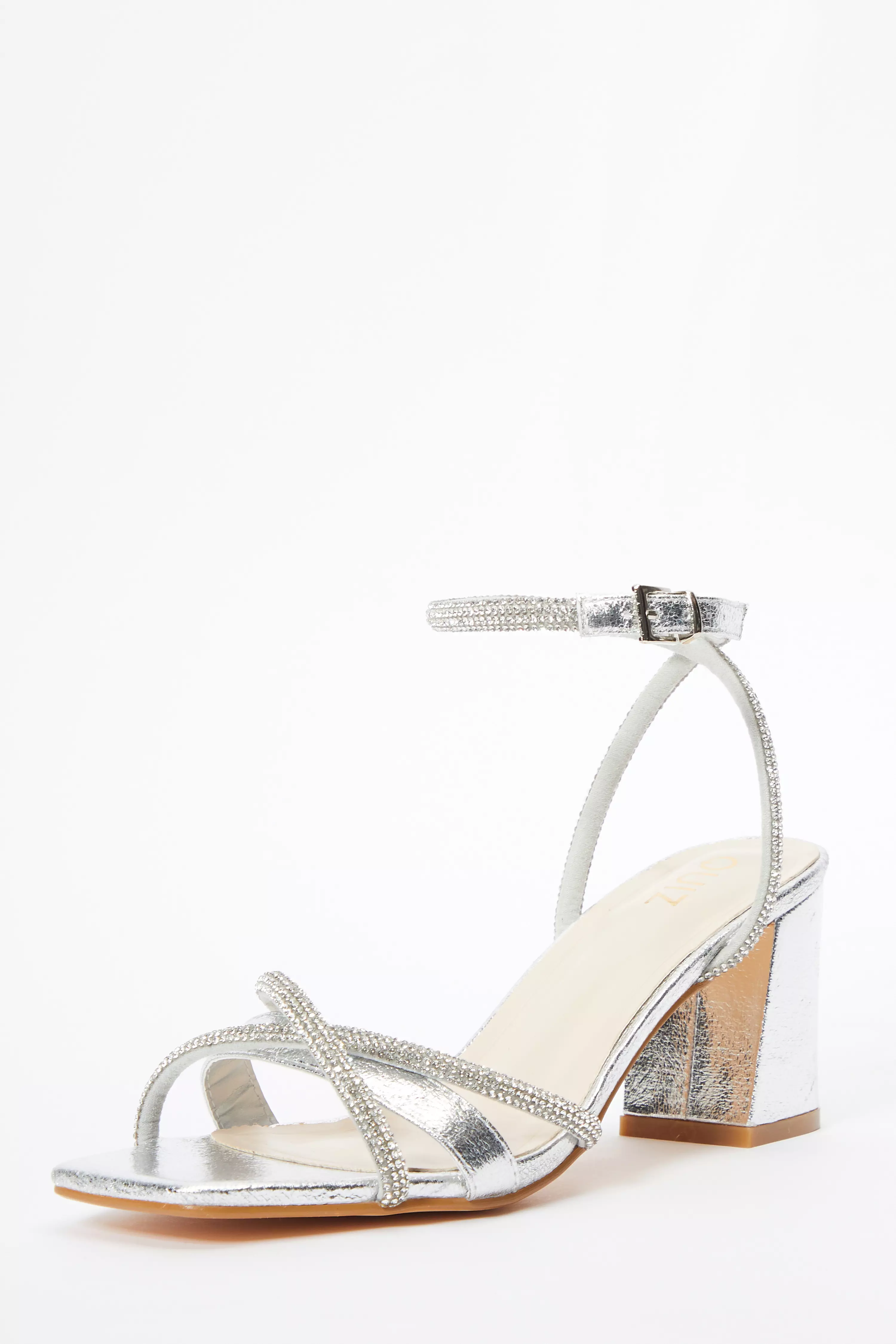 Silver Foil Diamante Block Heeled Sandals