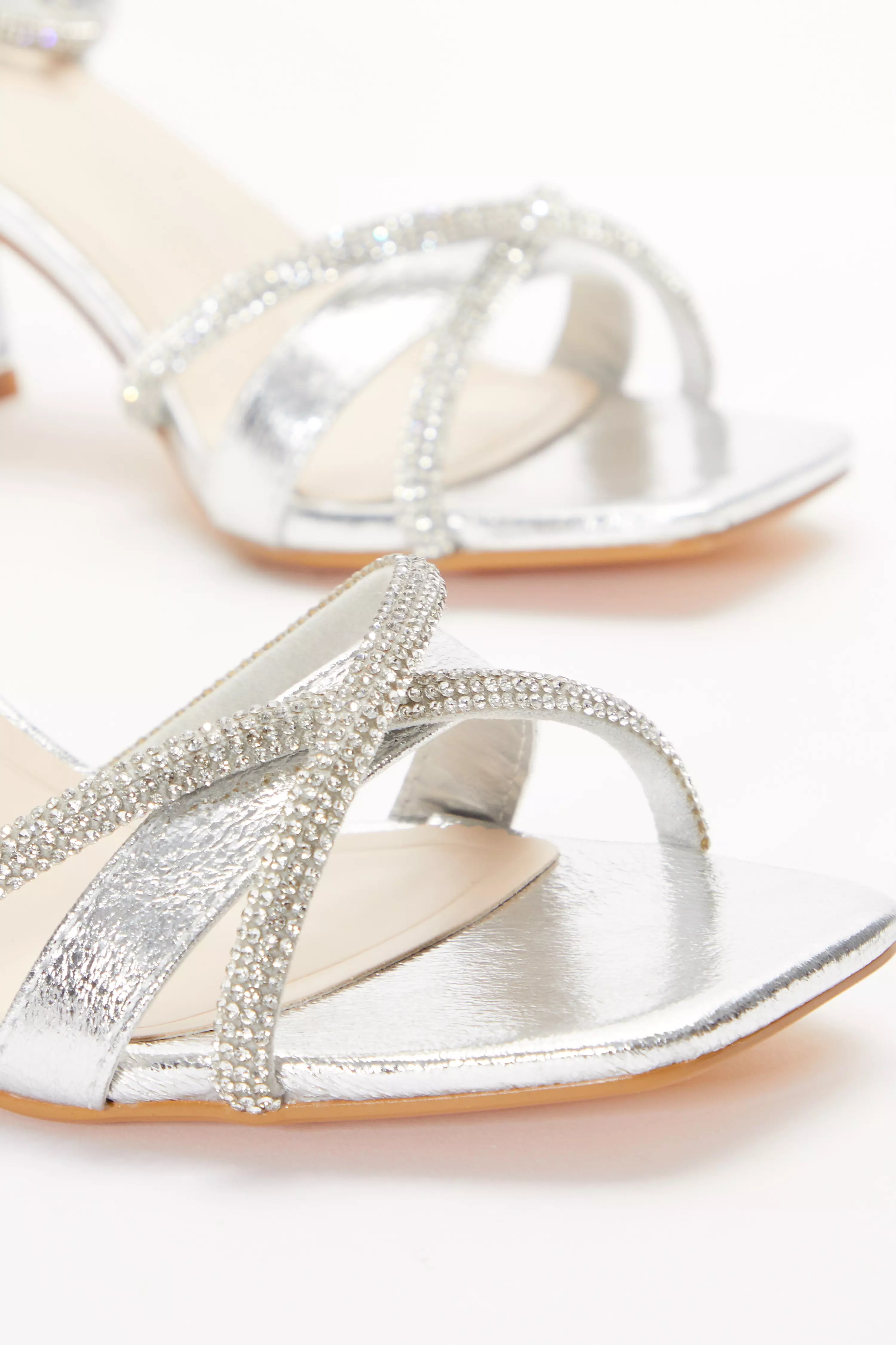 Silver Foil Diamante Block Heeled Sandals