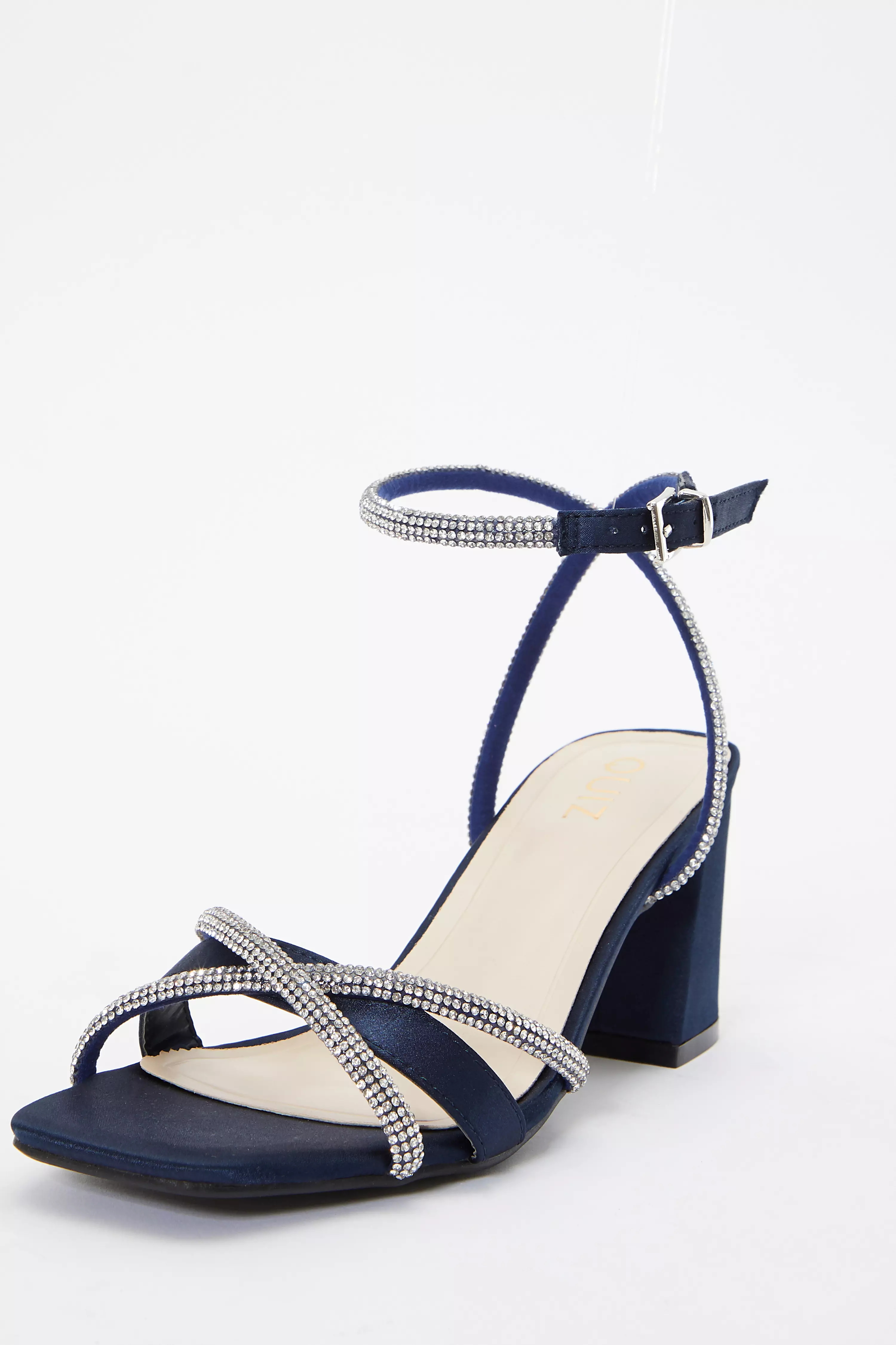 Navy Satin Diamante Block Heeled Sandals QUIZ