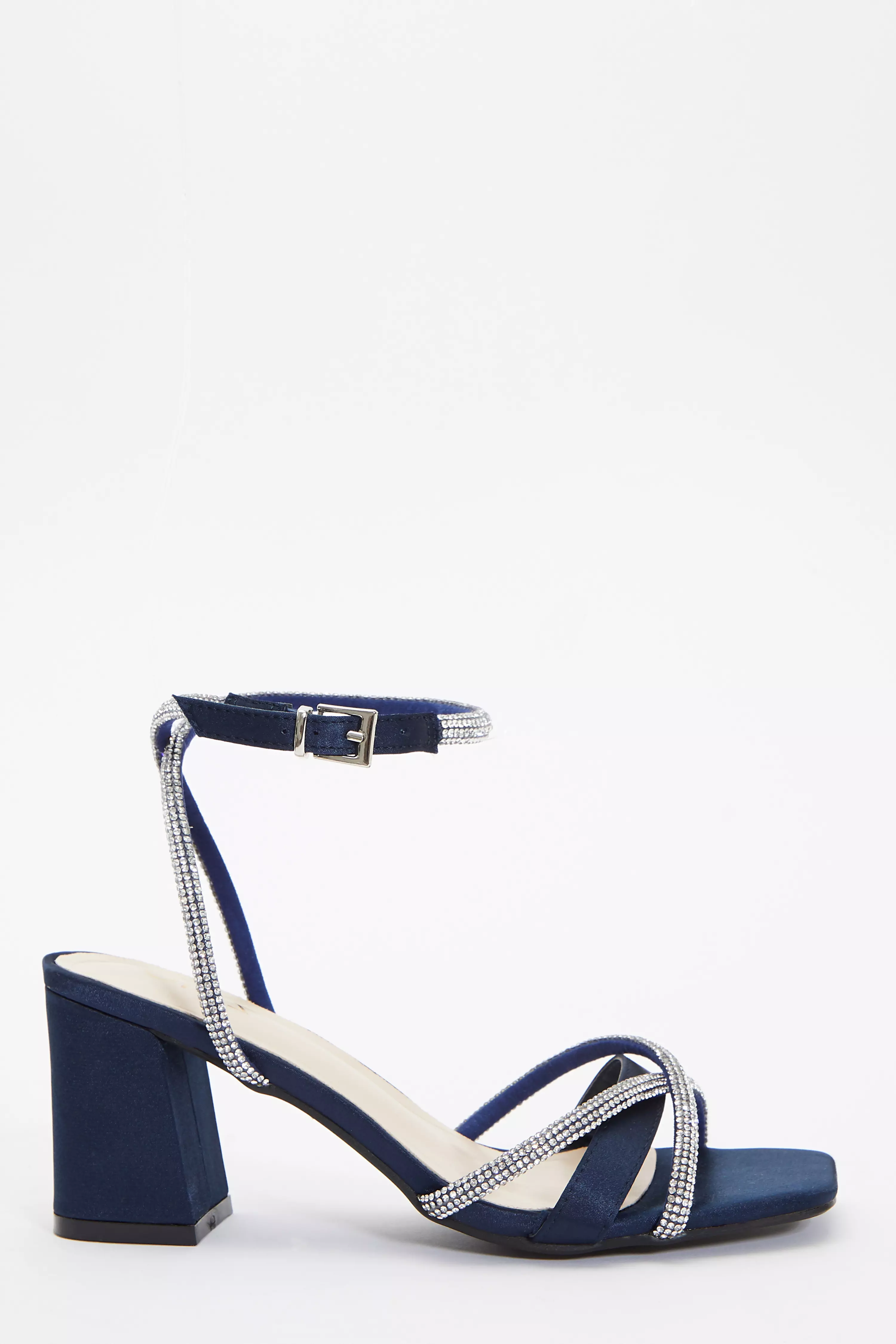 Navy Satin Diamante Block Heeled Sandals