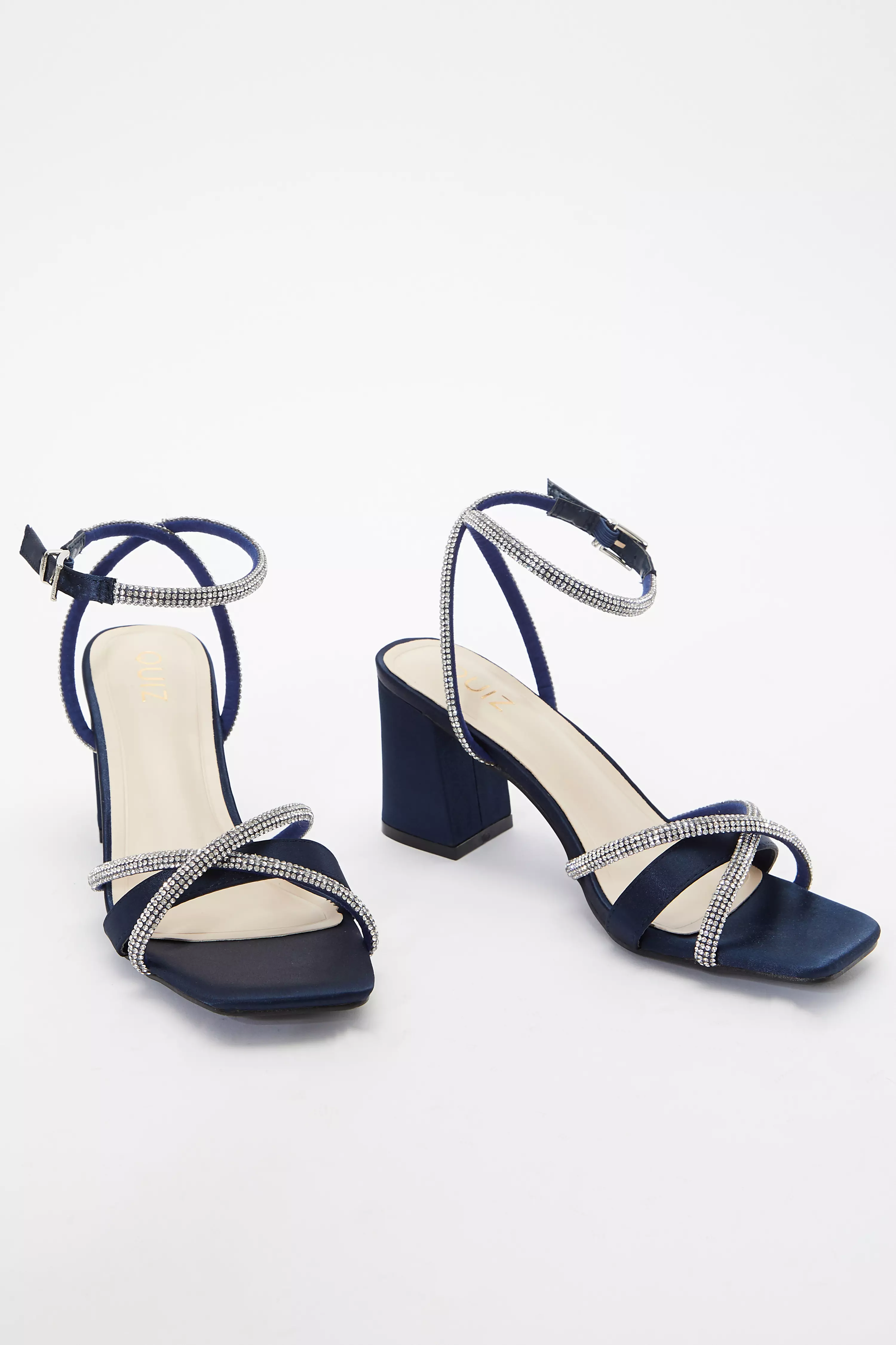 Navy Satin Diamante Block Heeled Sandals