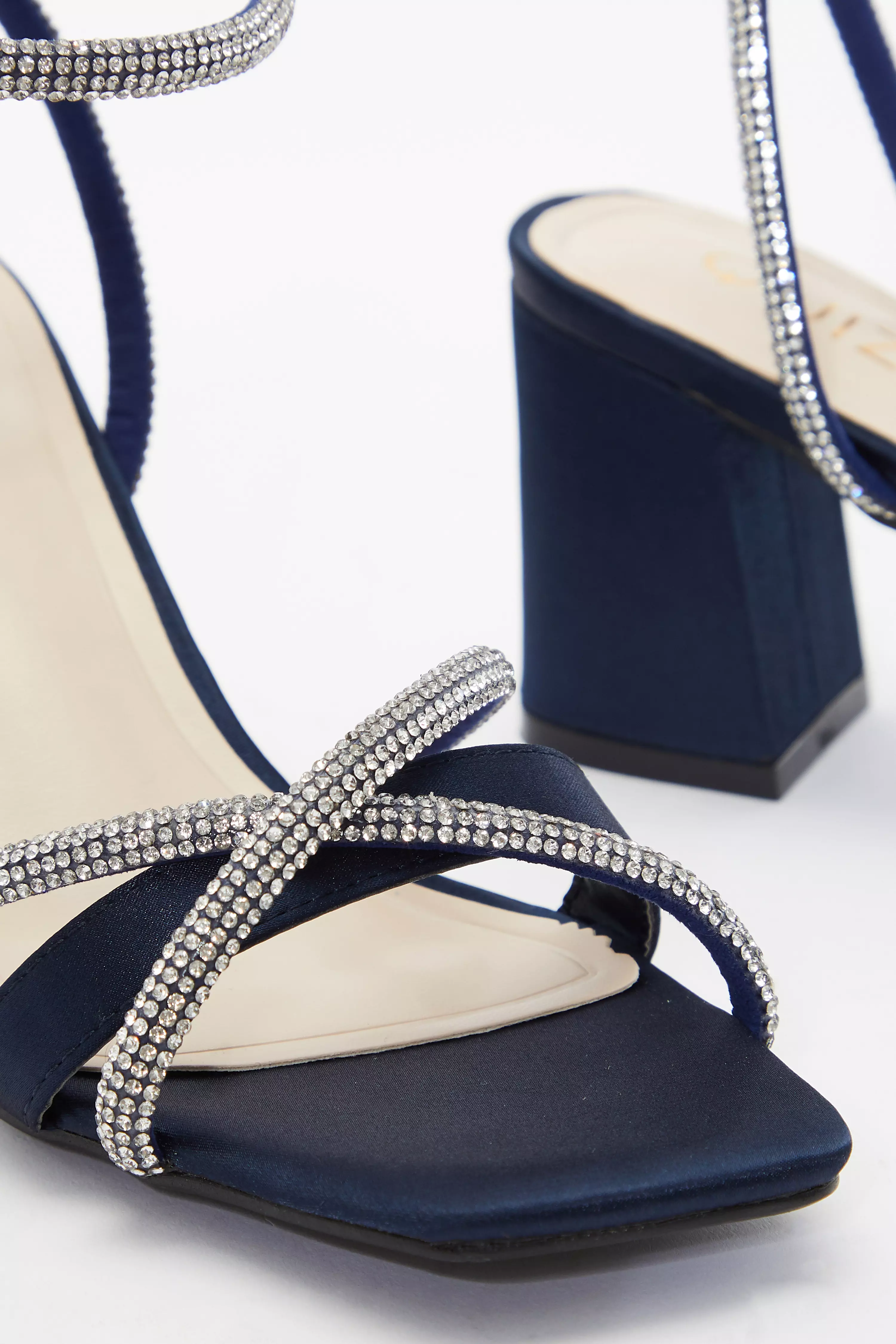 Navy Satin Diamante Block Heeled Sandals