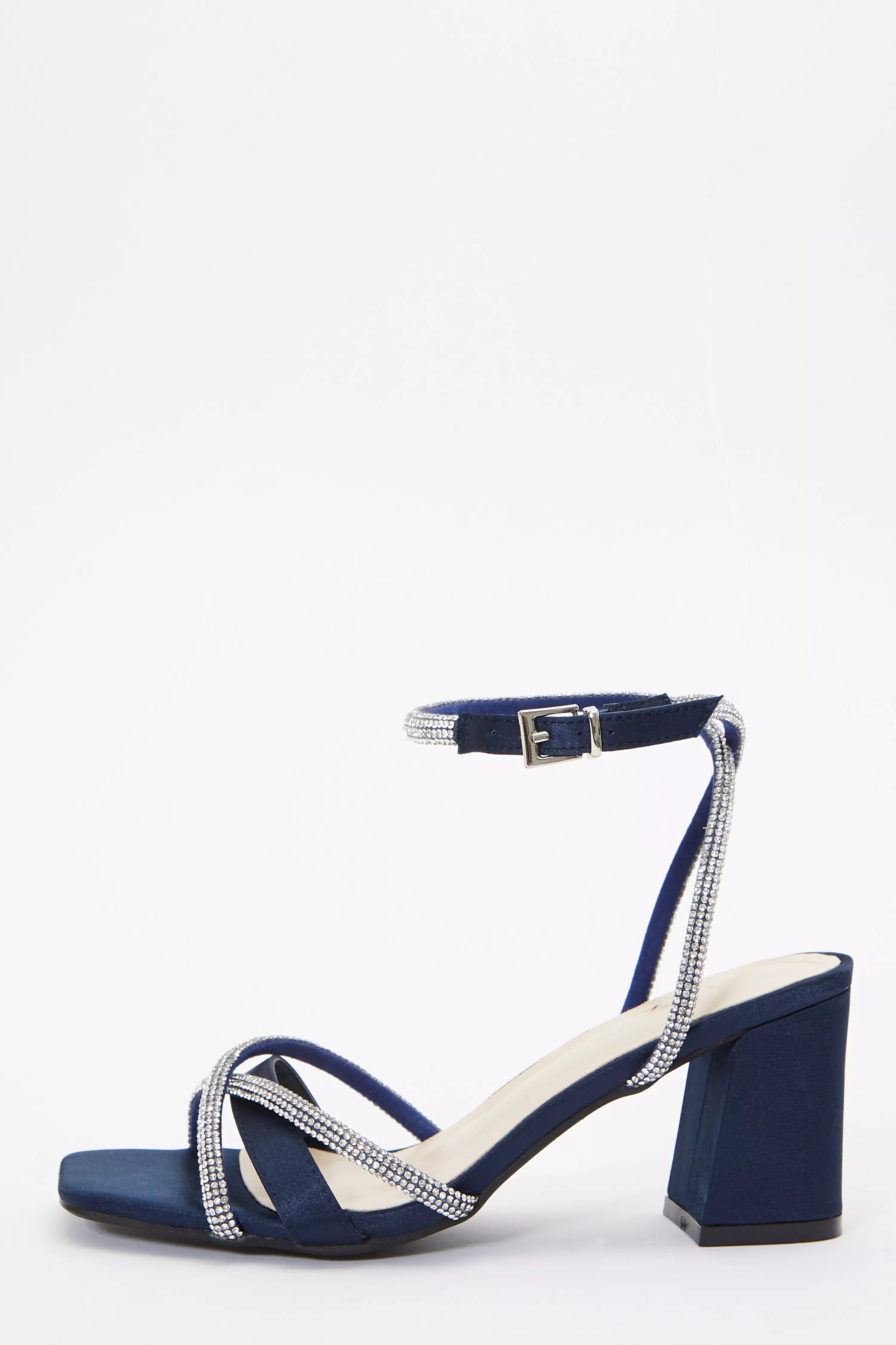 Navy Satin Diamante Block Heeled Sandals