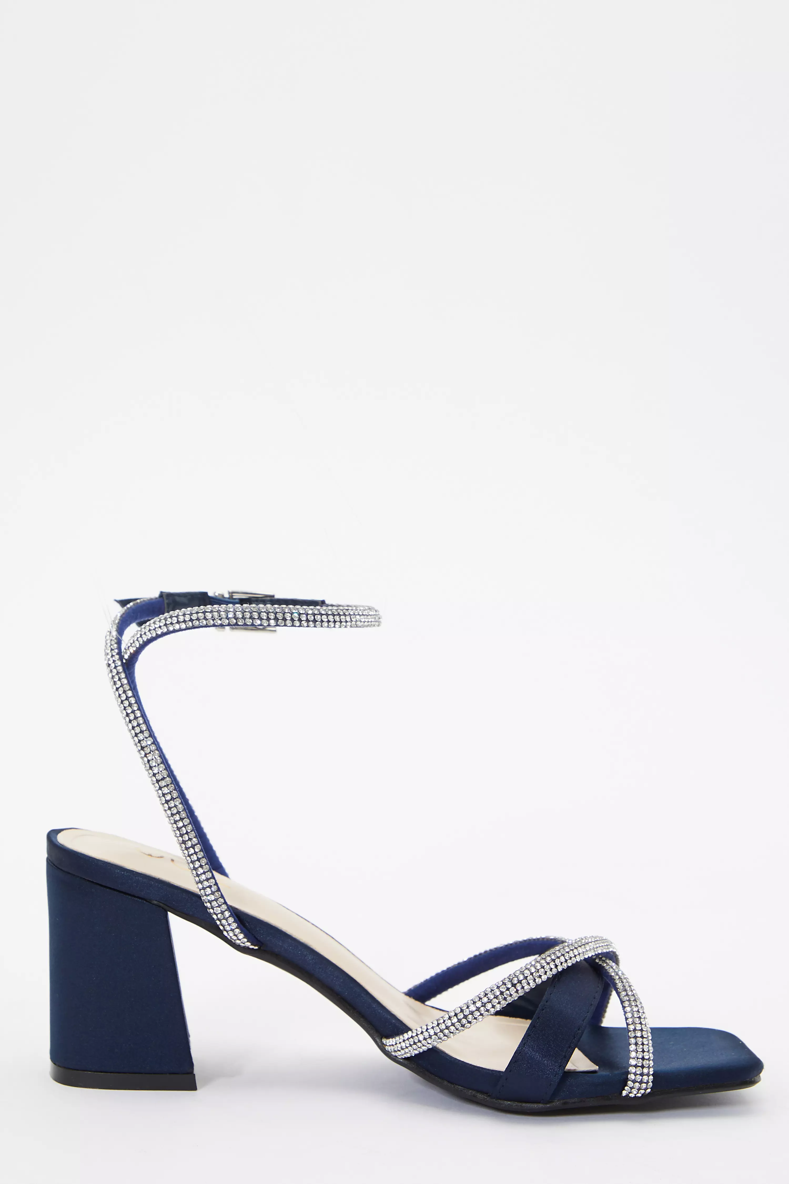 Navy Satin Diamante Block Heeled Sandals