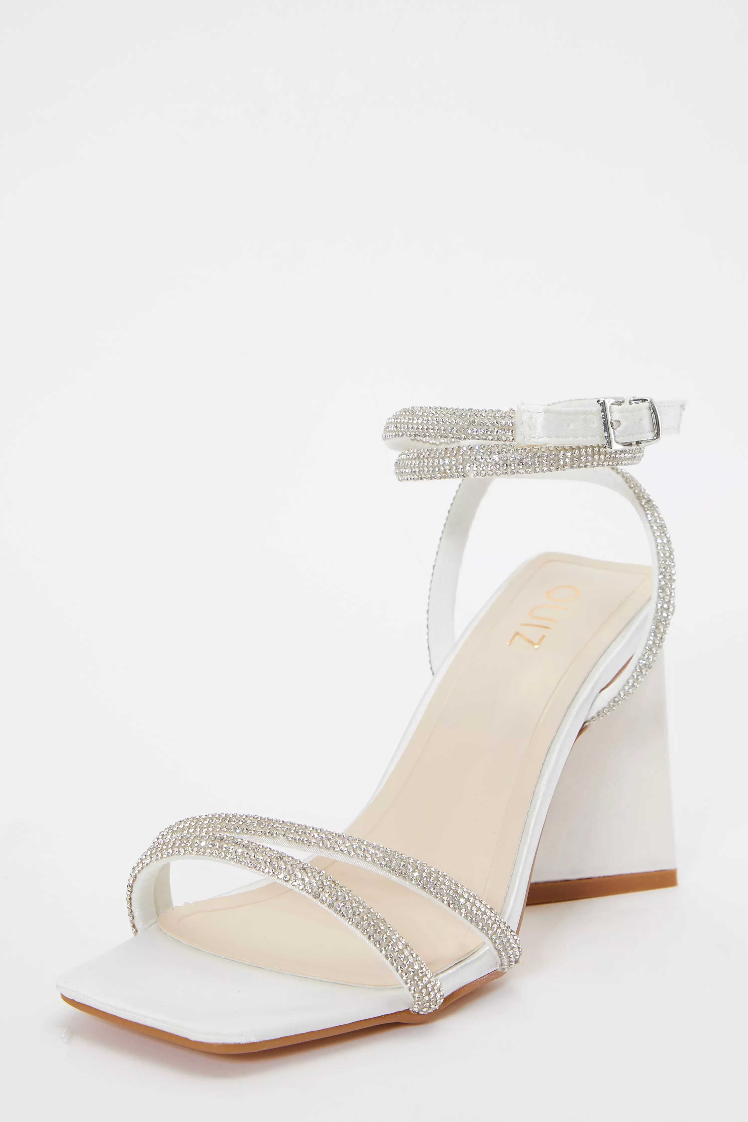 Bridal White Satin Diamante Triangle Heeled Sandals