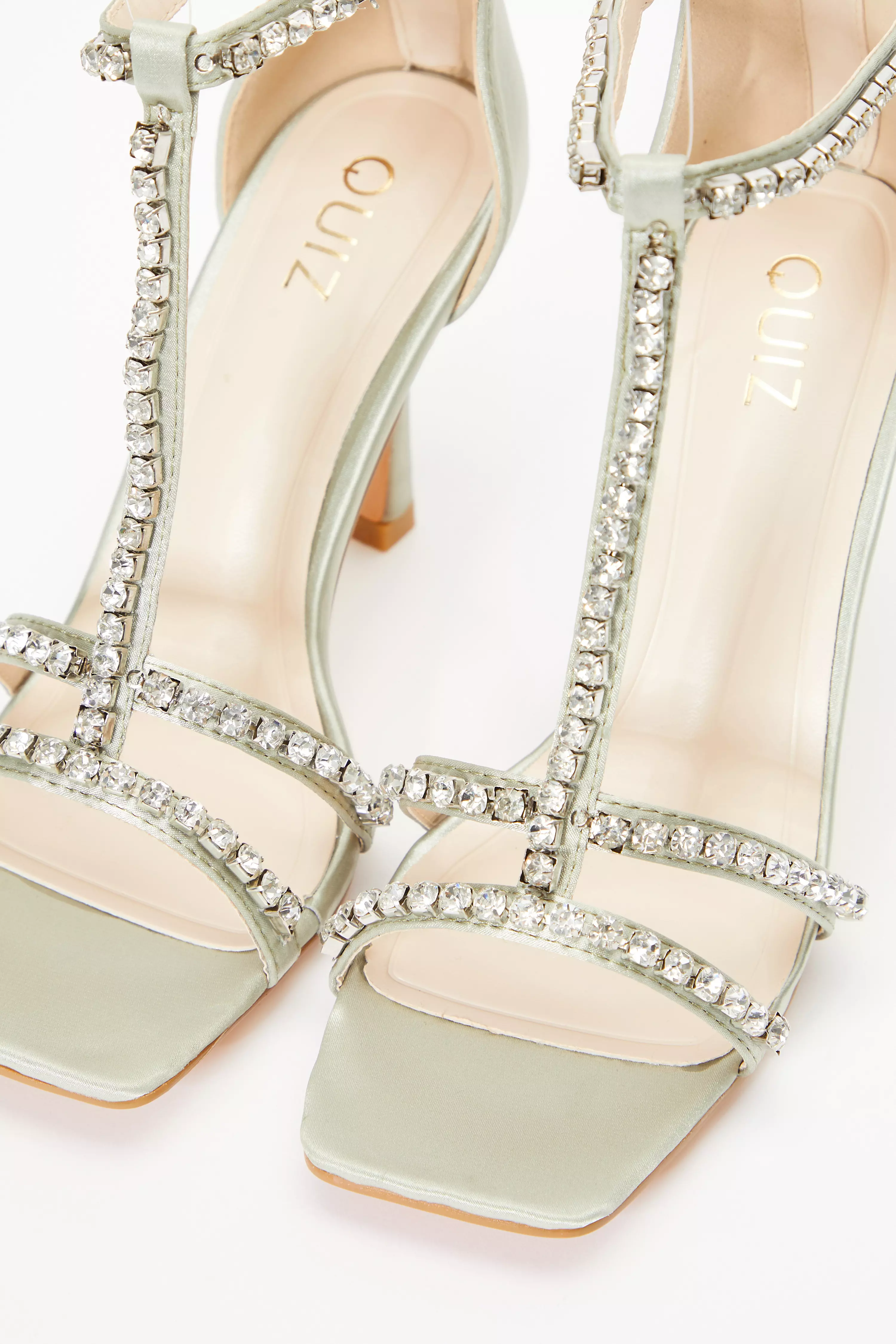 Sage Satin Diamante Stone T-Bar Heeled Sandals