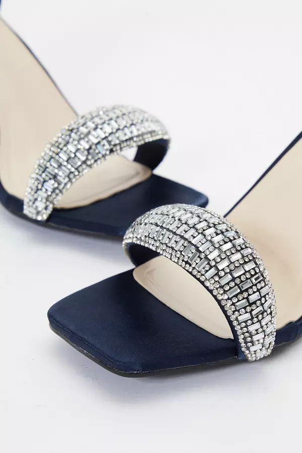 Navy Satin Diamante Heeled Sandals