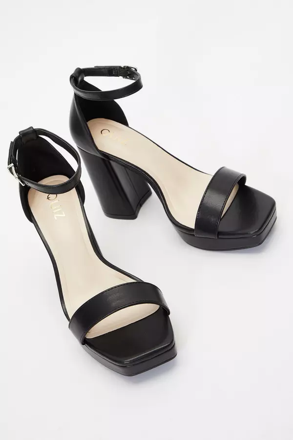 Black Faux Leather Platform Heeled Sandals