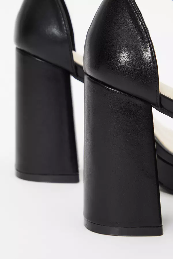 Black Faux Leather Platform Heeled Sandals