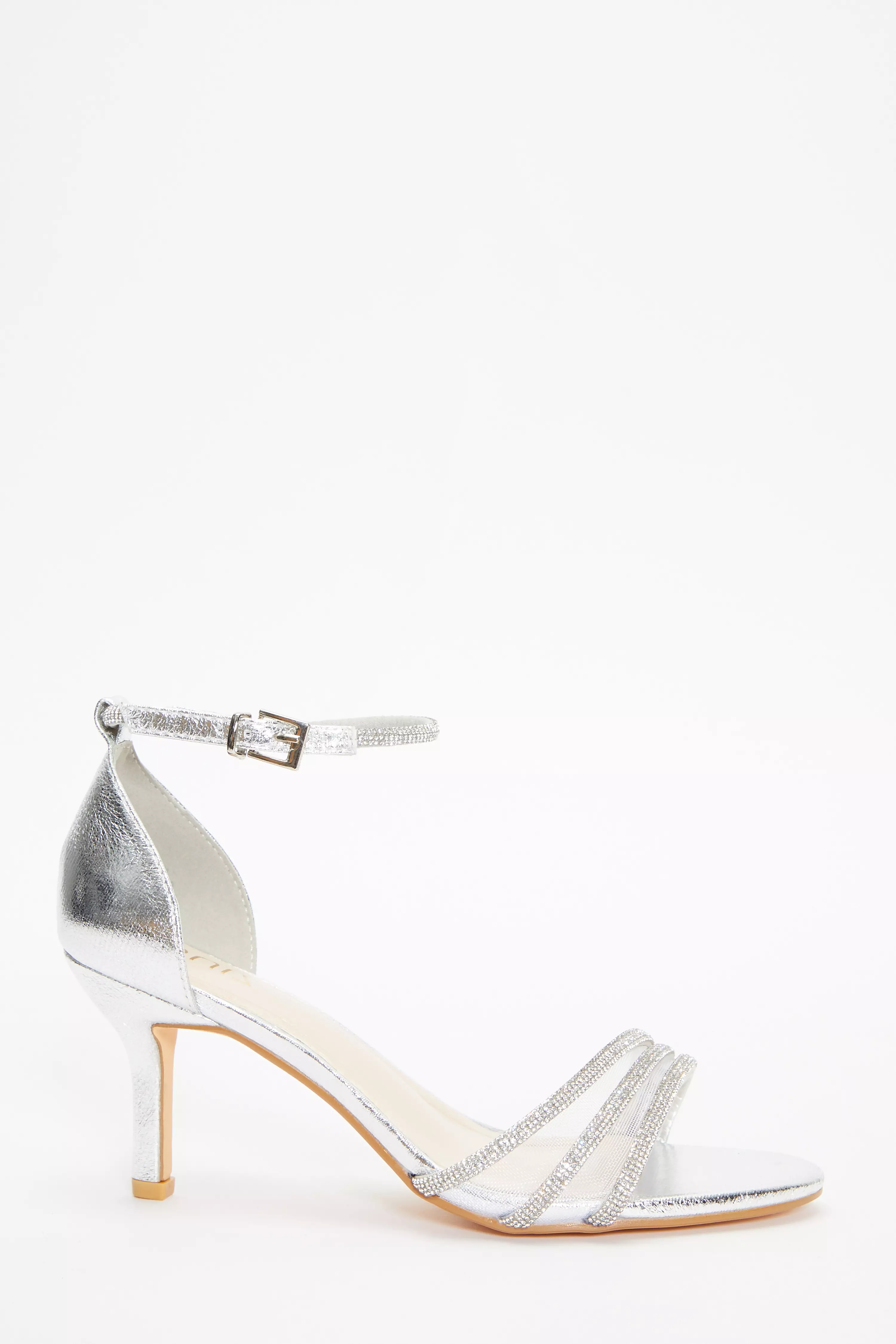 Silver Foil Diamante Mesh Low Heels