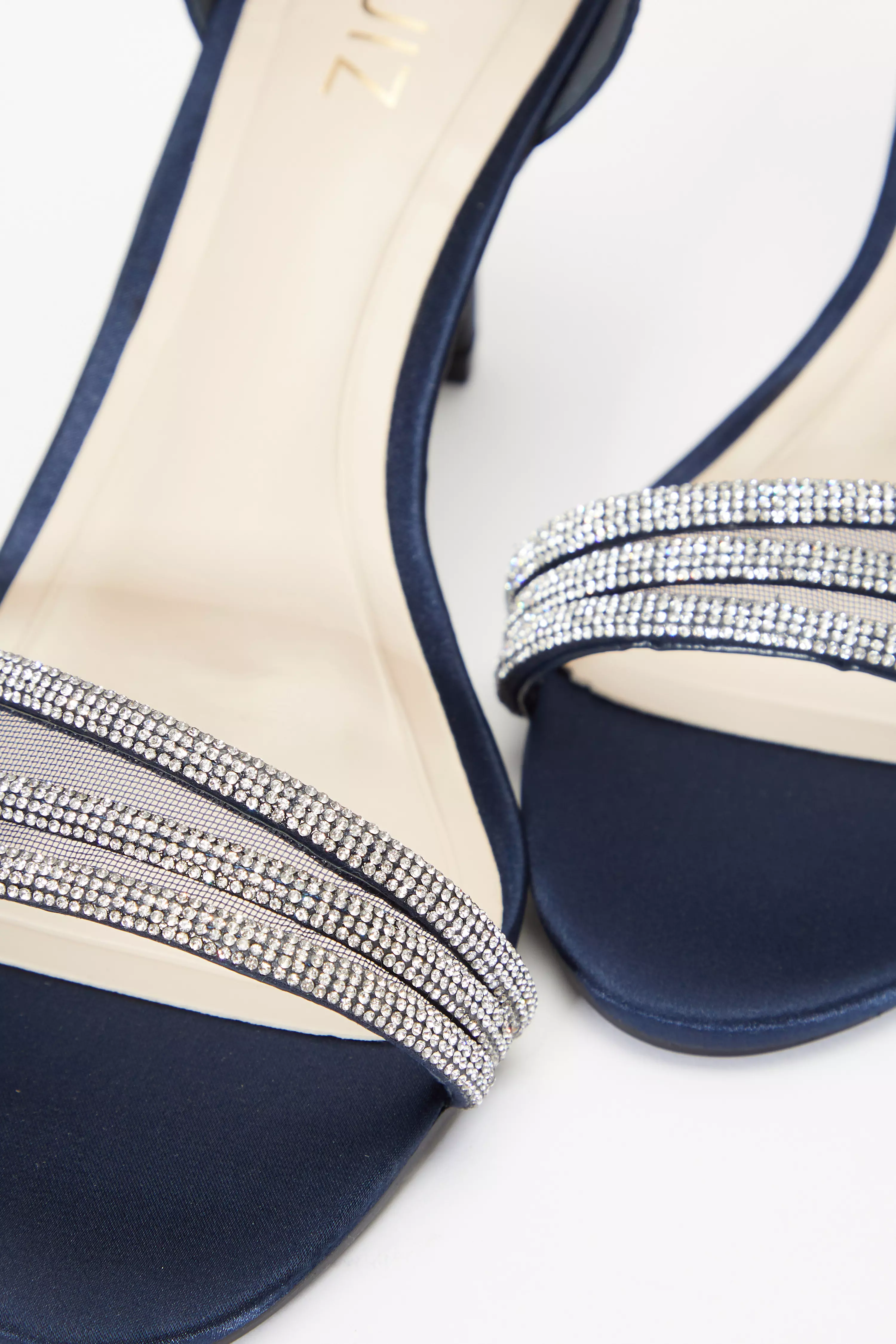 Navy Satin Diamante Mesh Low Heels