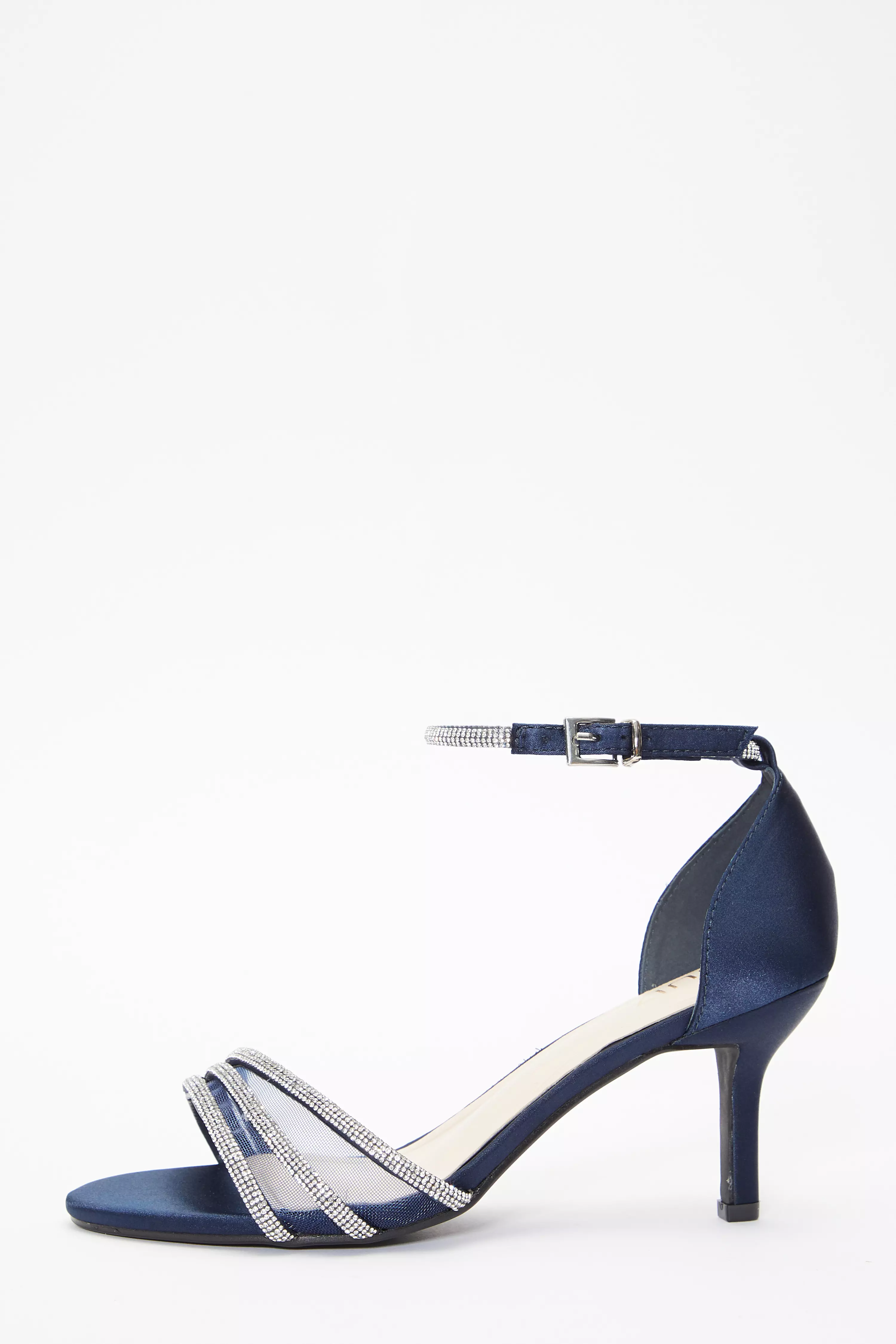 Navy Satin Diamante Mesh Low Heels