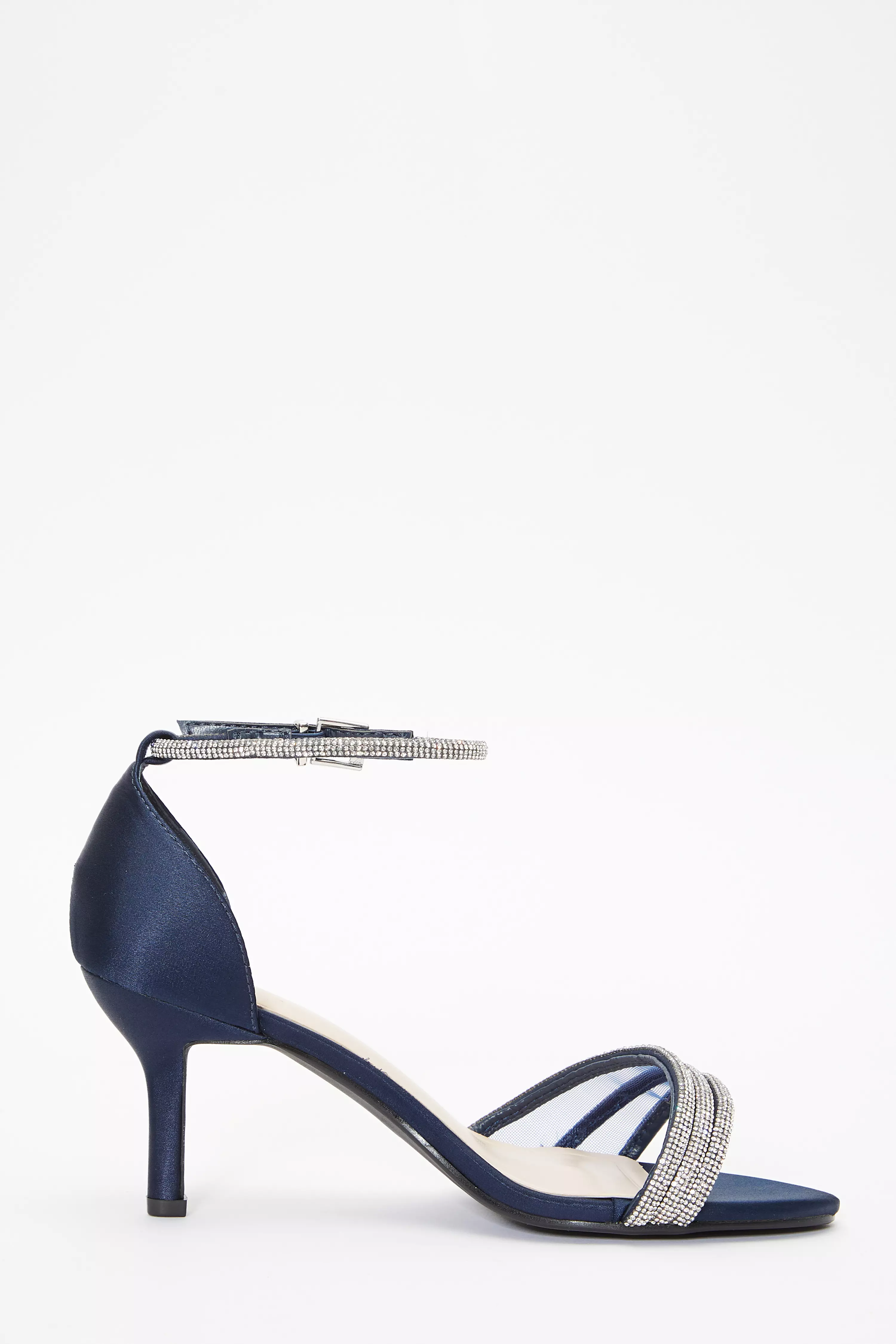 Navy Satin Diamante Mesh Low Heels