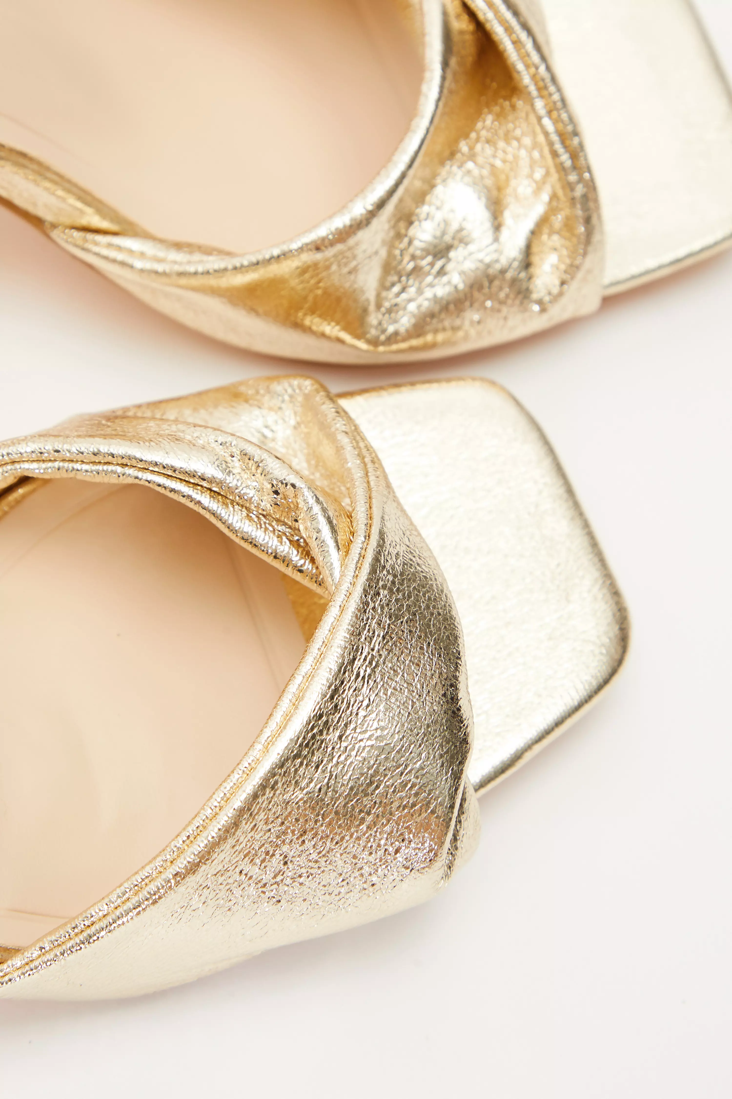 Gold Foil Twist Front Block Heeled Sandals