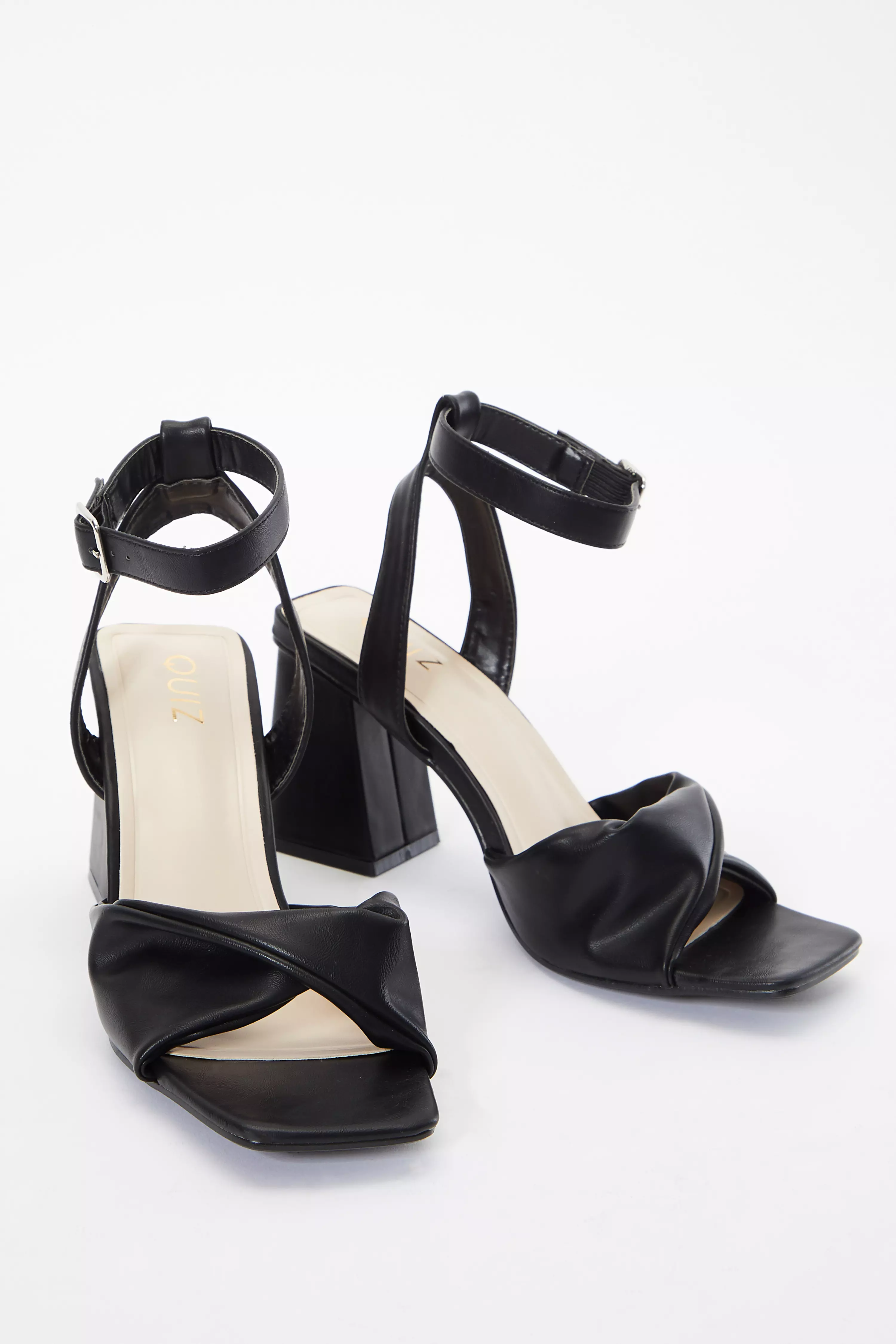 Black Twist Front Block Heeled Sandals