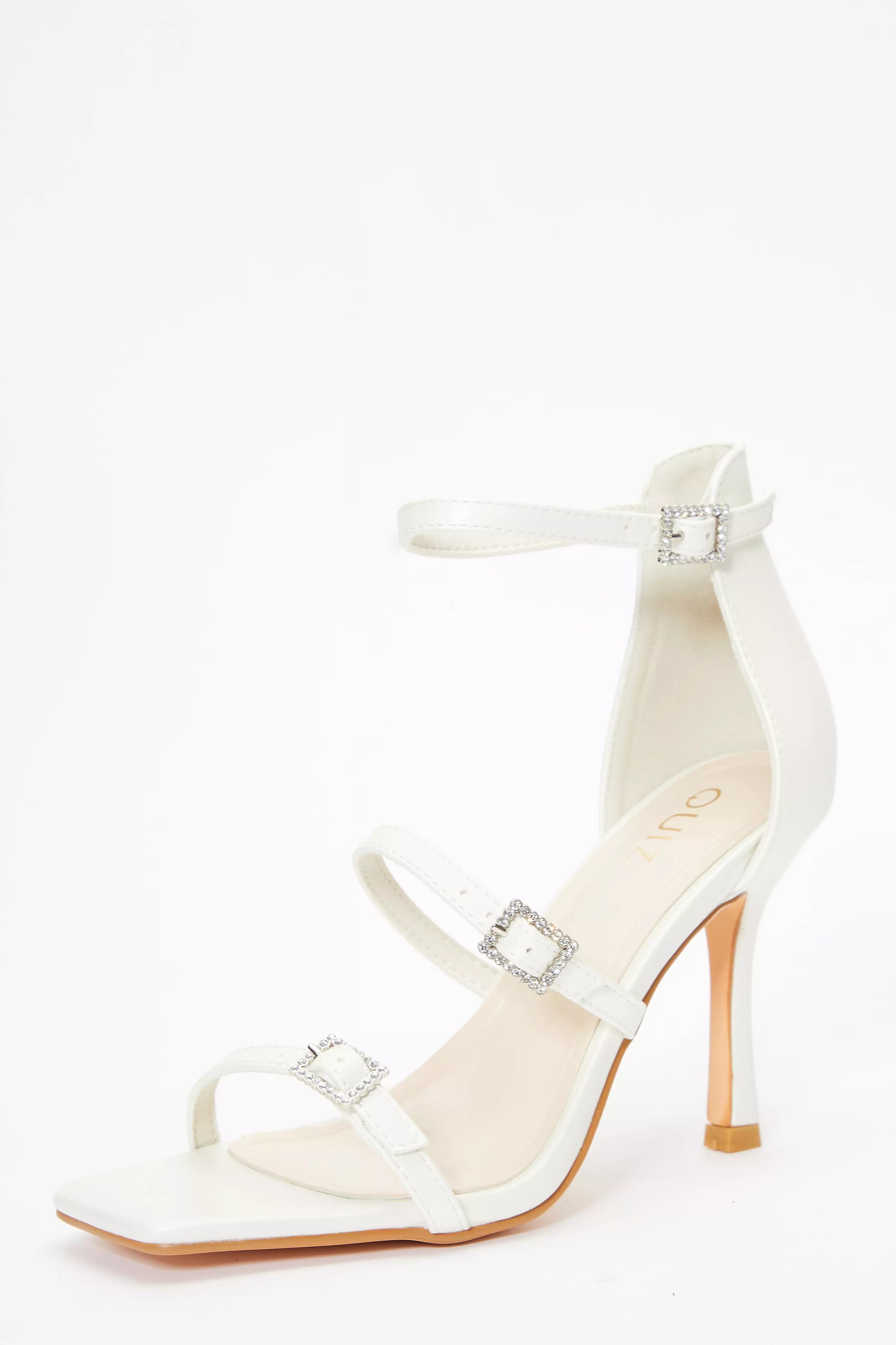 Bridal White Faux Leather Strappy Buckle Heeled Sandals