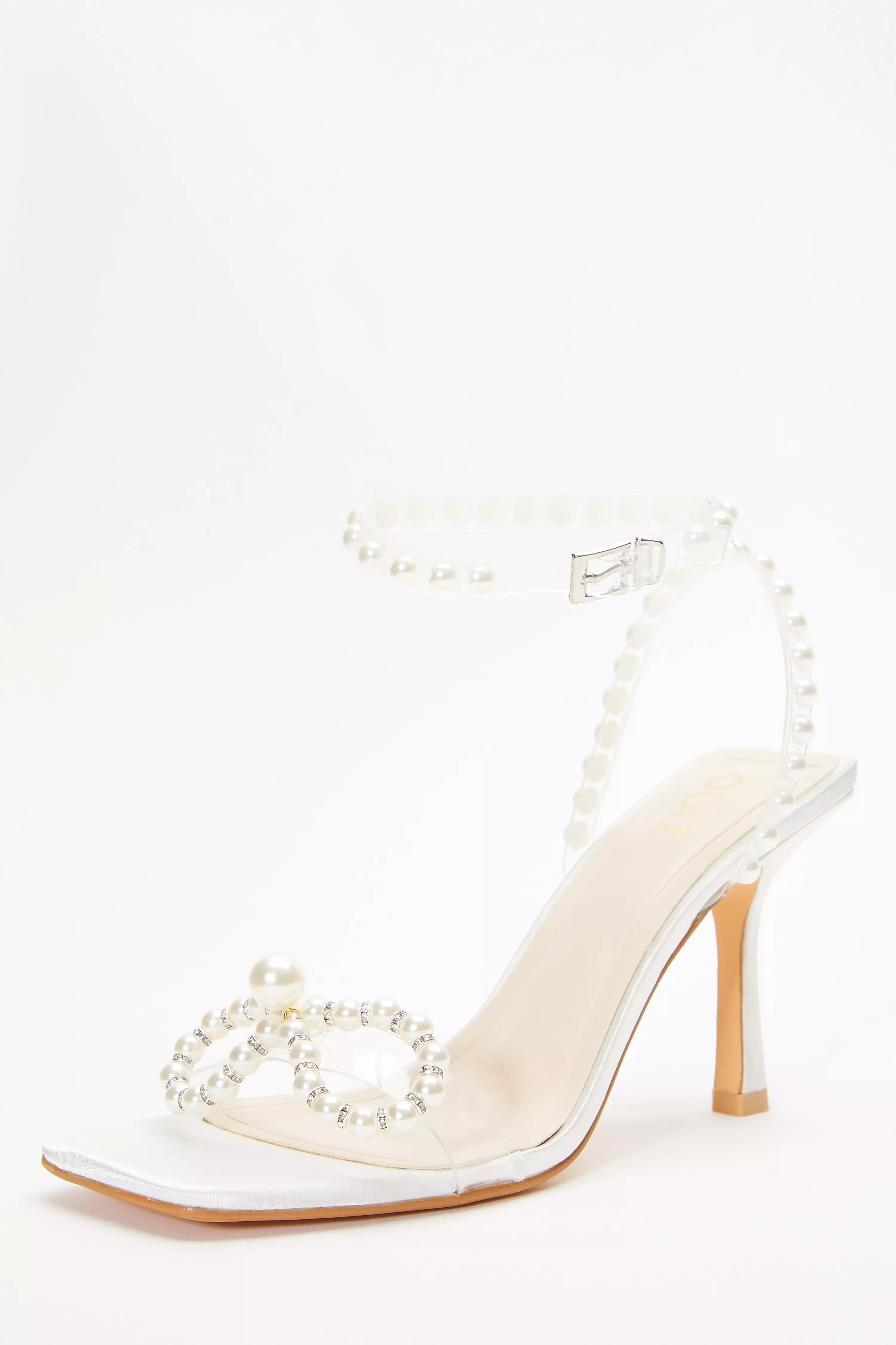 Bridal White Pearl Bow Clear Heeled Sandals