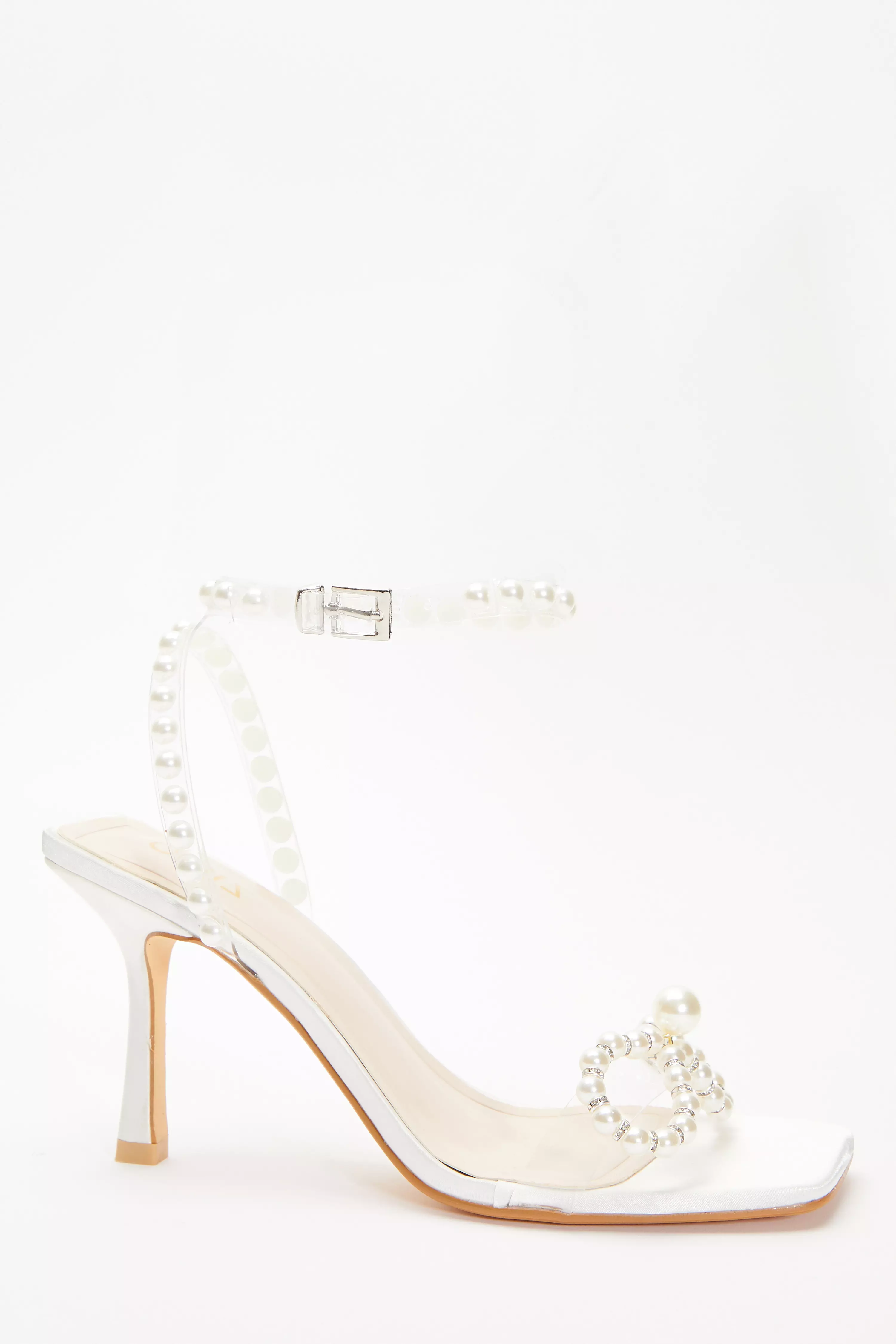 Bridal White Pearl Bow Clear Heeled Sandals