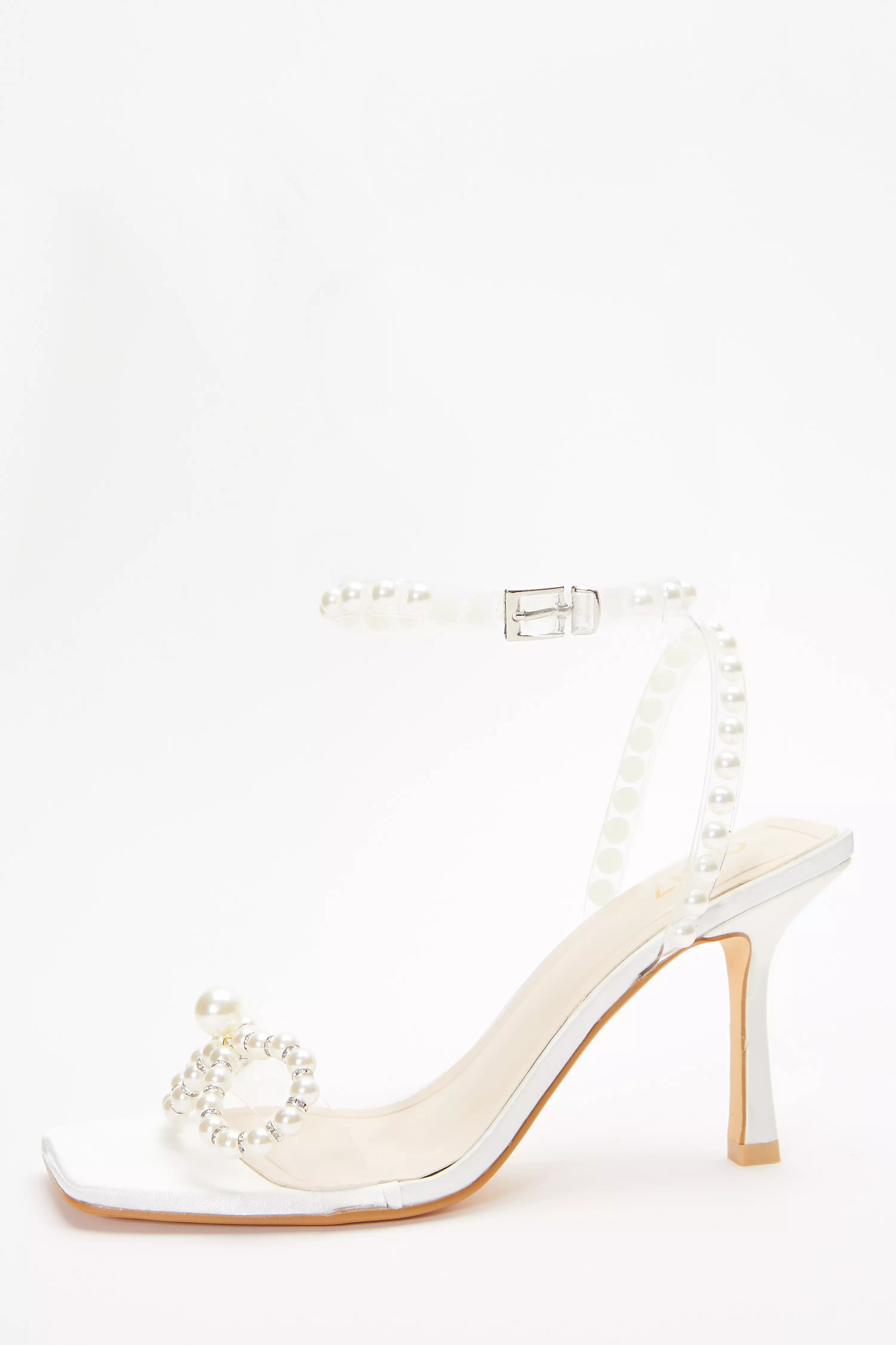 Bridal White Pearl Bow Clear Heeled Sandals