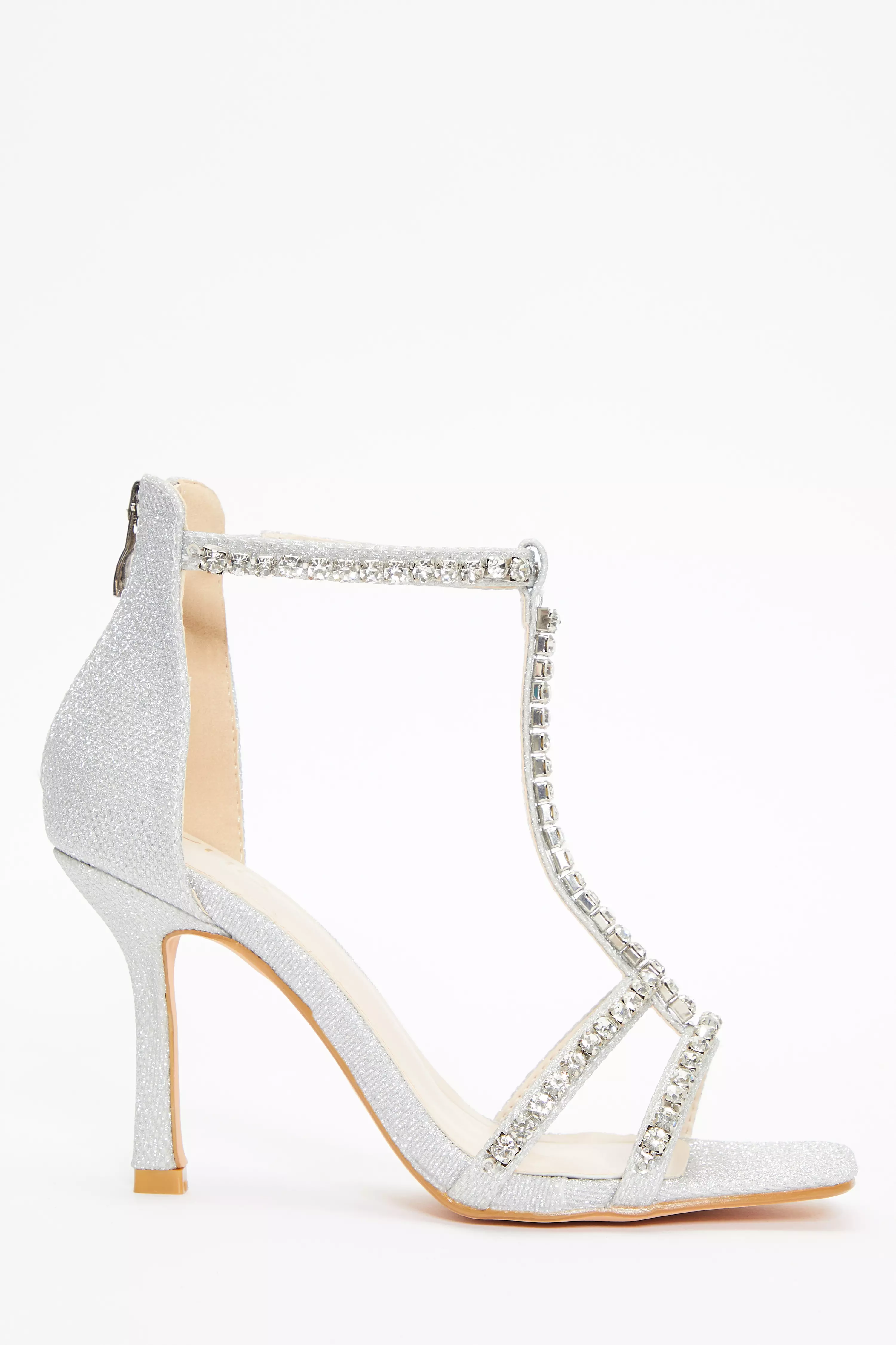 Silver Shimmer Diamante Stone T-Bar Heeled Sandals