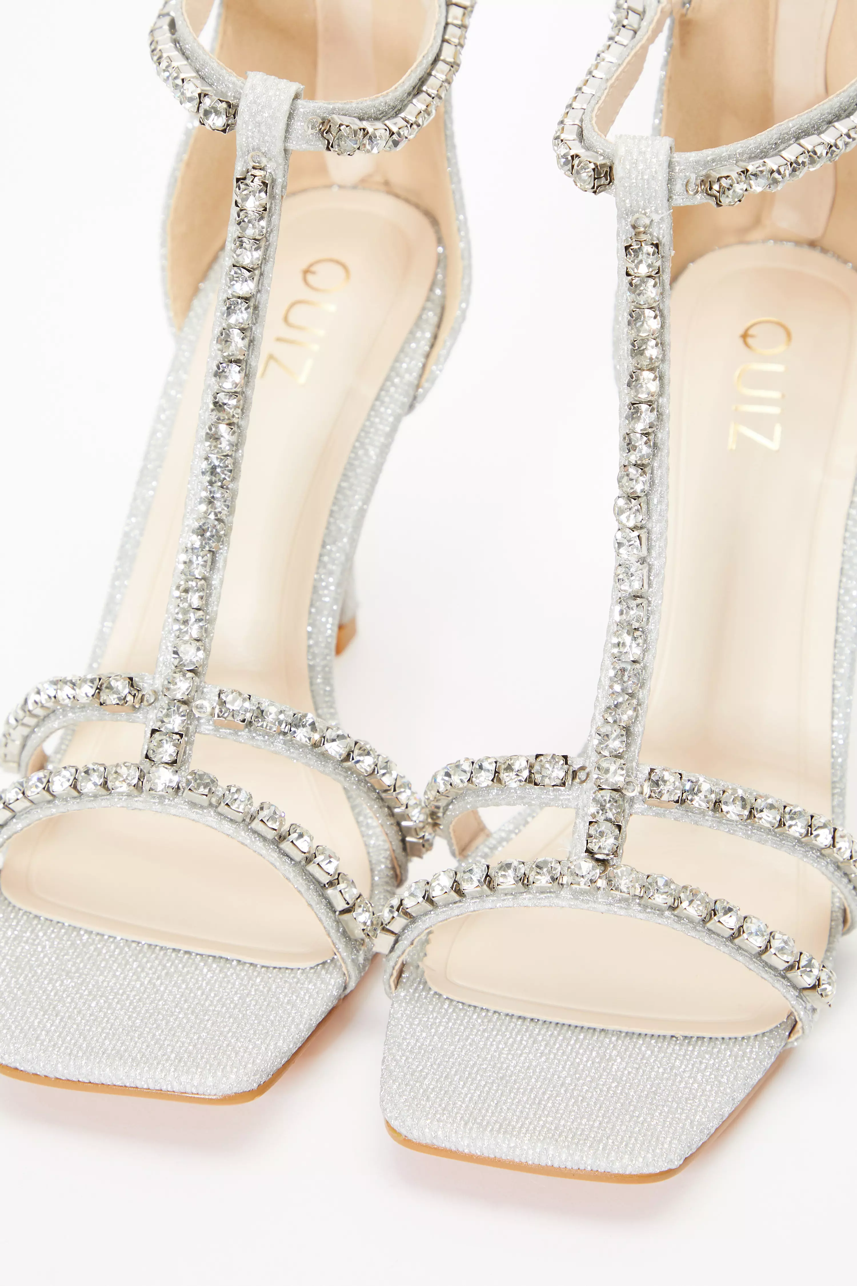 Silver Shimmer Diamante Stone T-Bar Heeled Sandals