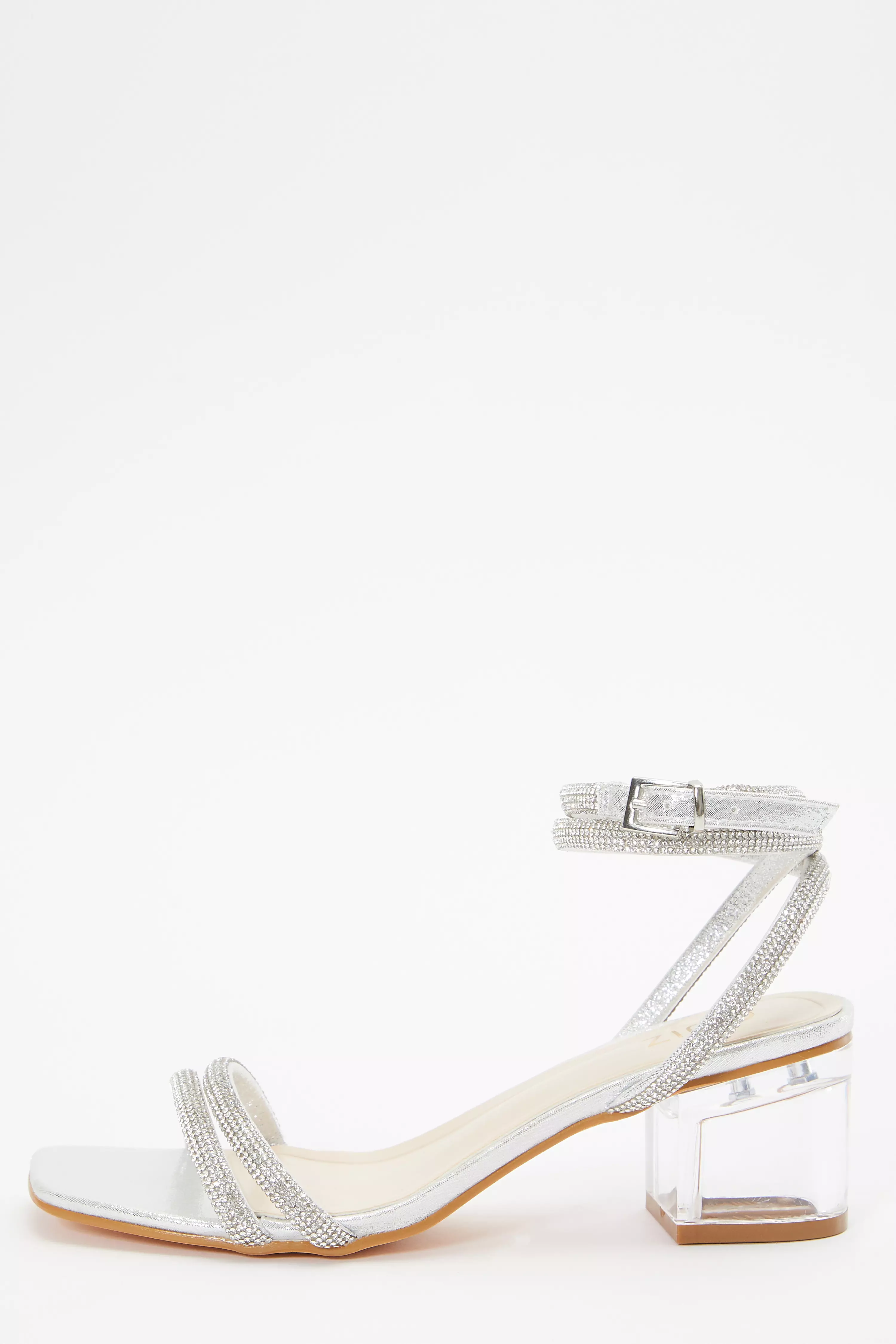Silver Diamante Clear Low Heeled Sandals