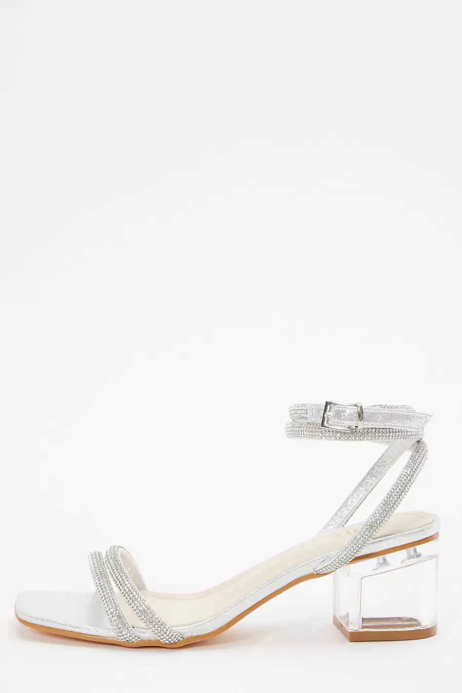 Silver Diamante Clear Low Heeled Sandals QUIZ Clothing