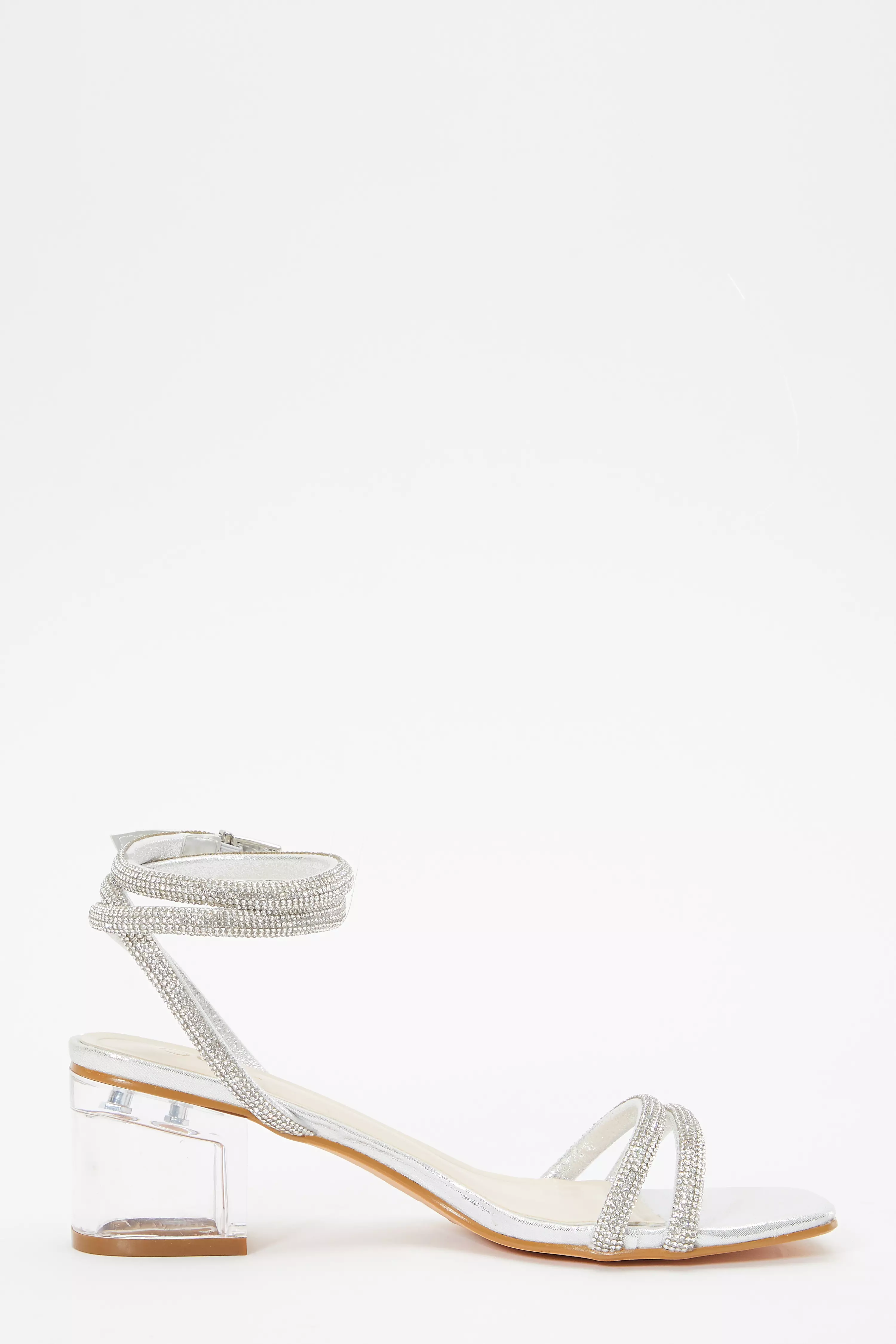 Silver Diamante Clear Low Heeled Sandals