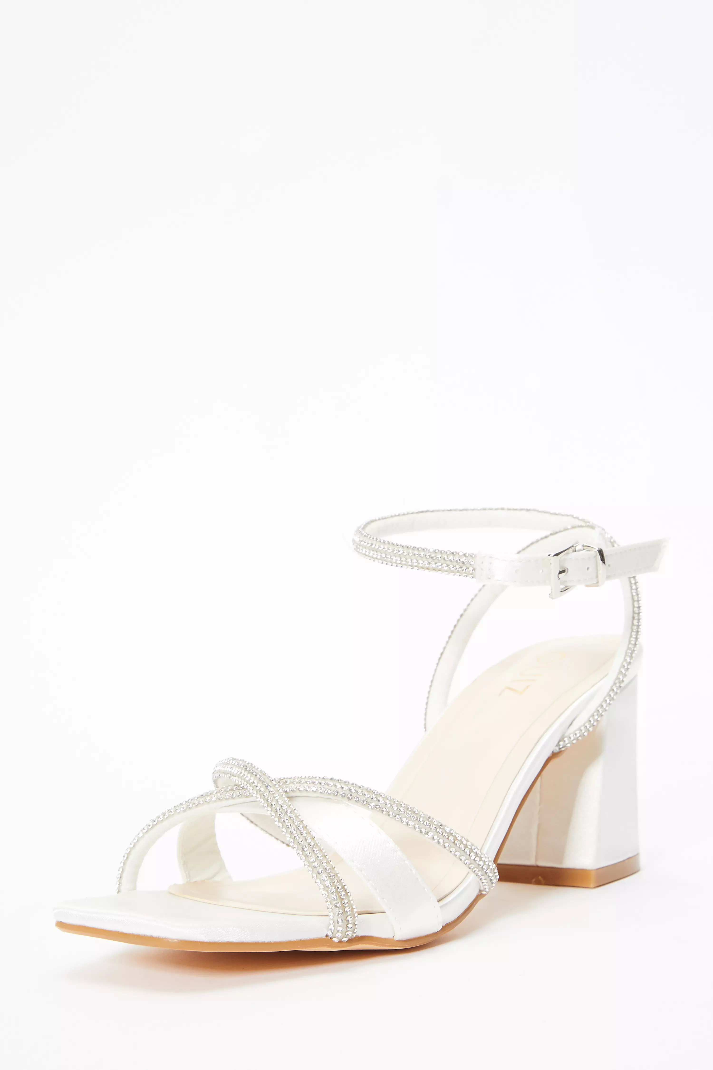 Bridal White Satin Diamante Block Heeled Sandals