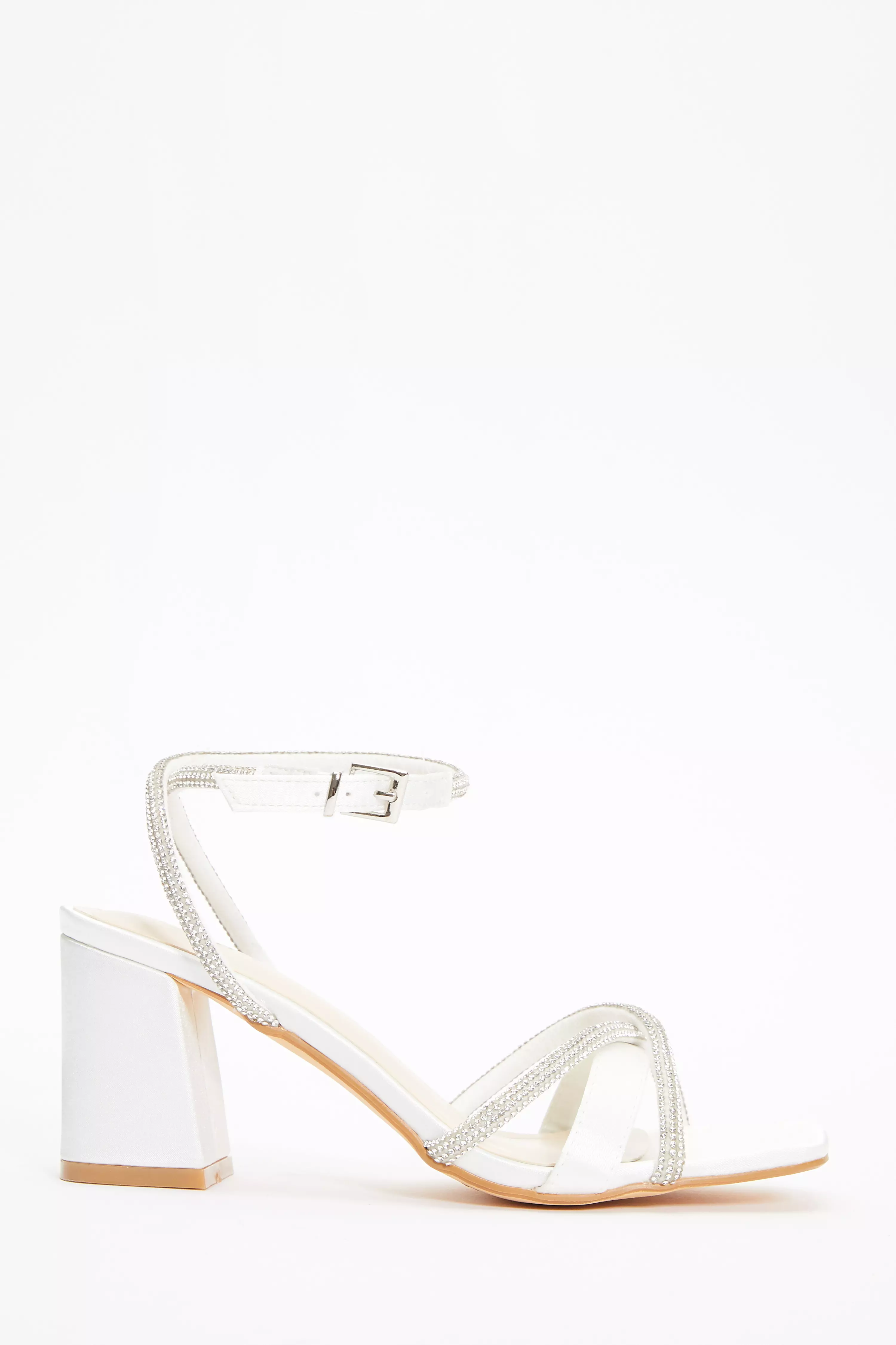 Bridal White Satin Diamante Block Heeled Sandals