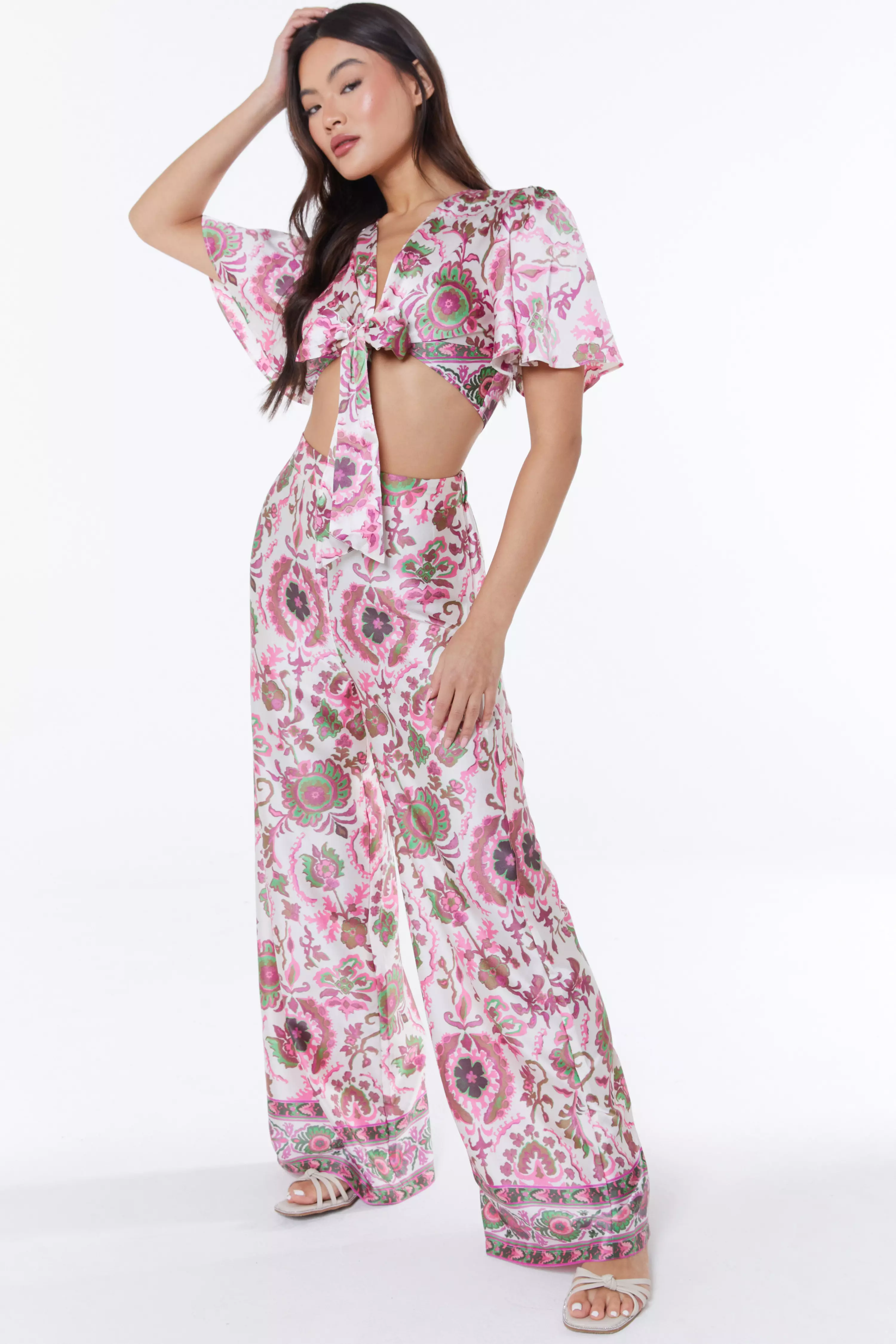 Pink Paisley Print Palazzo Trousers