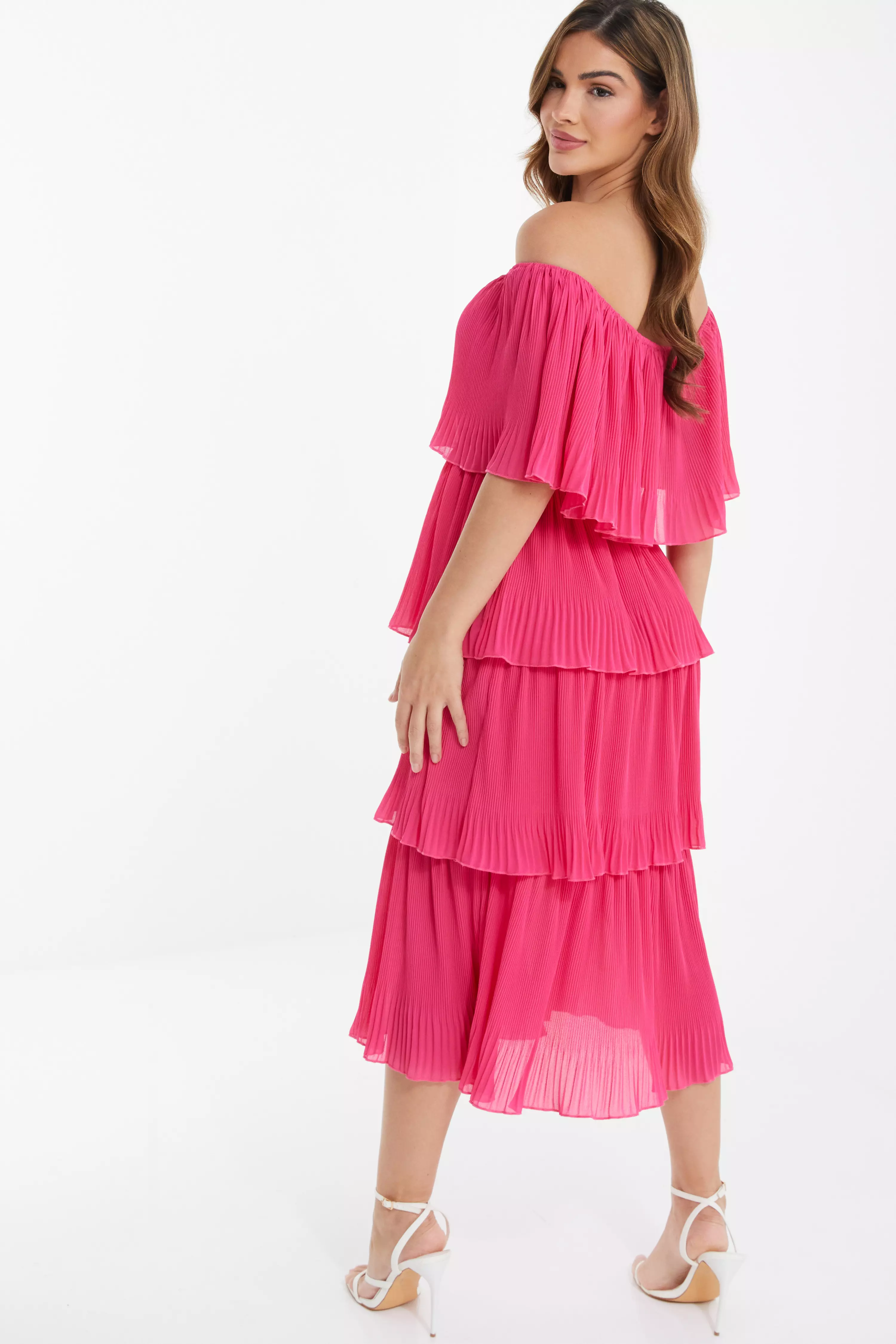 Pink Bardot Tiered Midaxi Dress