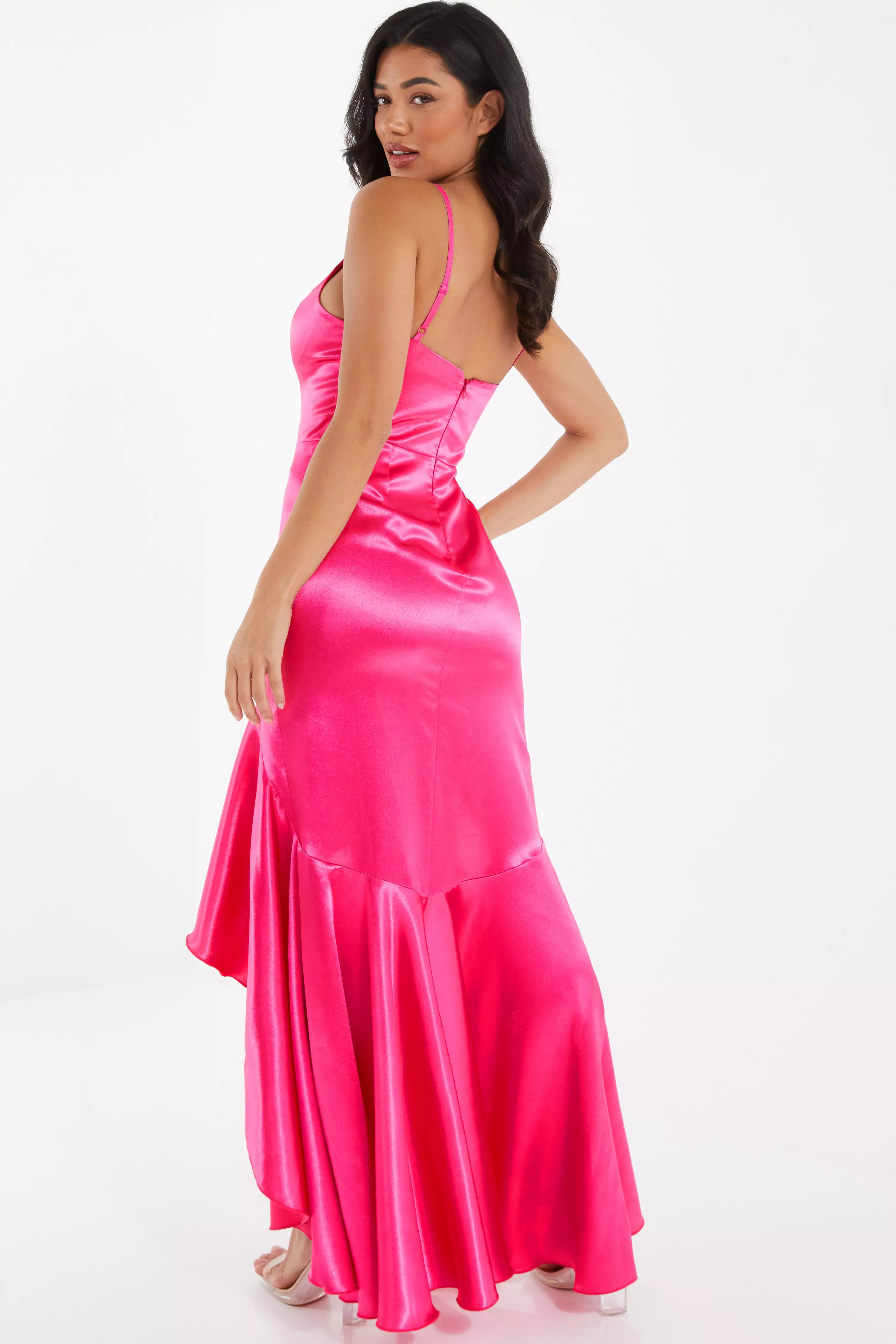 Pink Satin Ruffle Maxi Dress