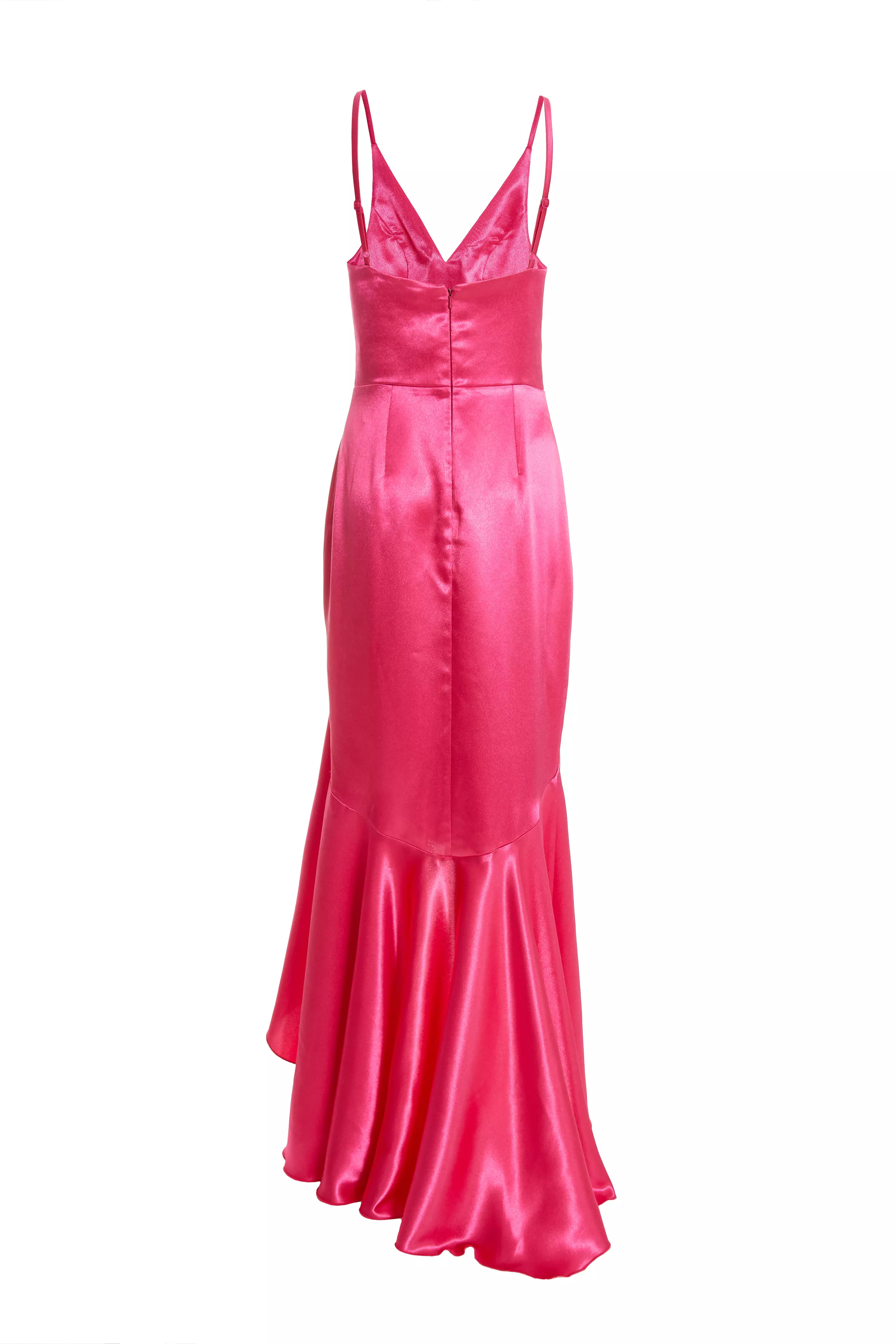 Pink Satin Ruffle Maxi Dress