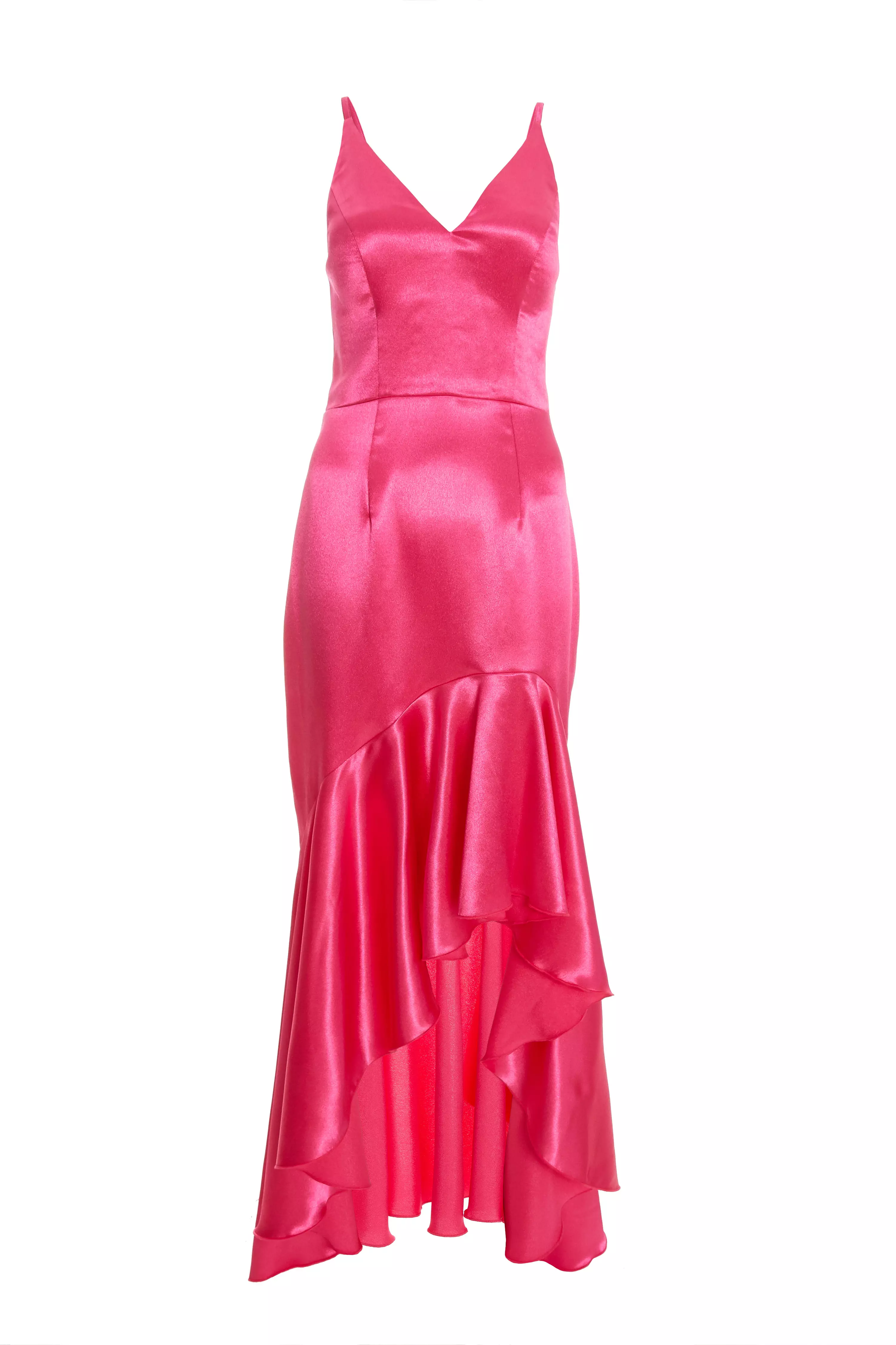 Pink Satin Ruffle Maxi Dress