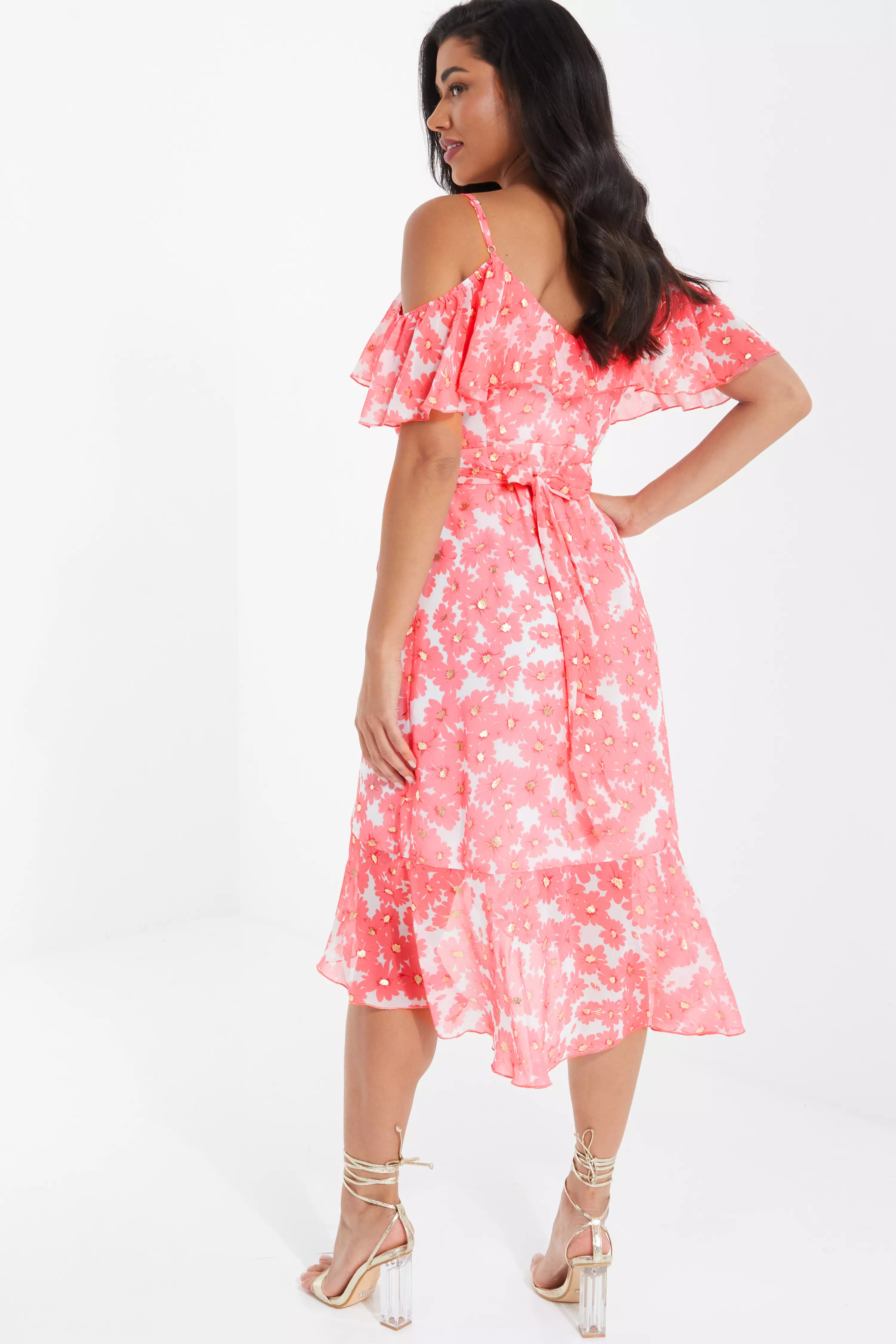 Coral Floral Cold Shoulder Wrap Midi Dress