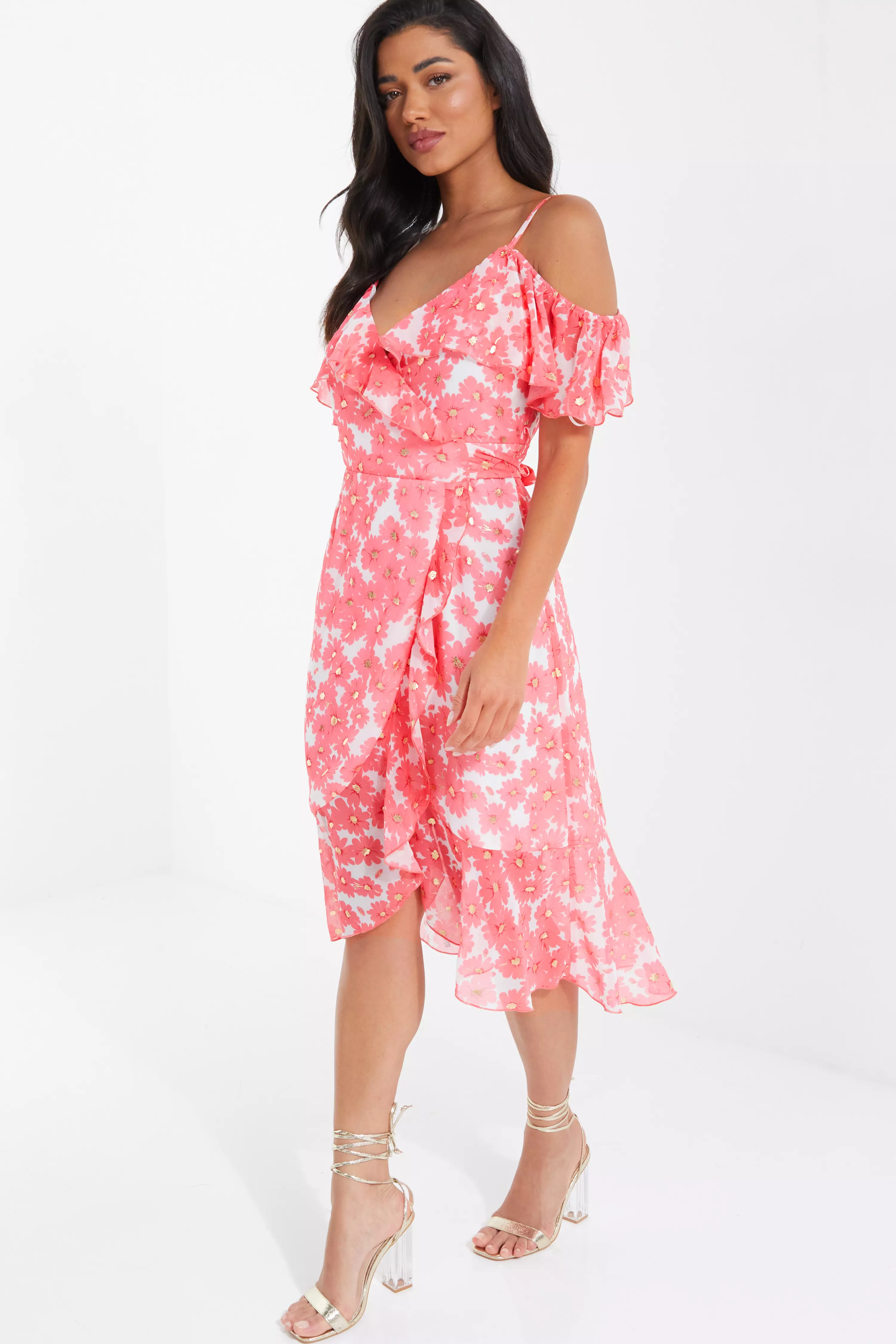 Coral Floral Cold Shoulder Wrap Midi Dress